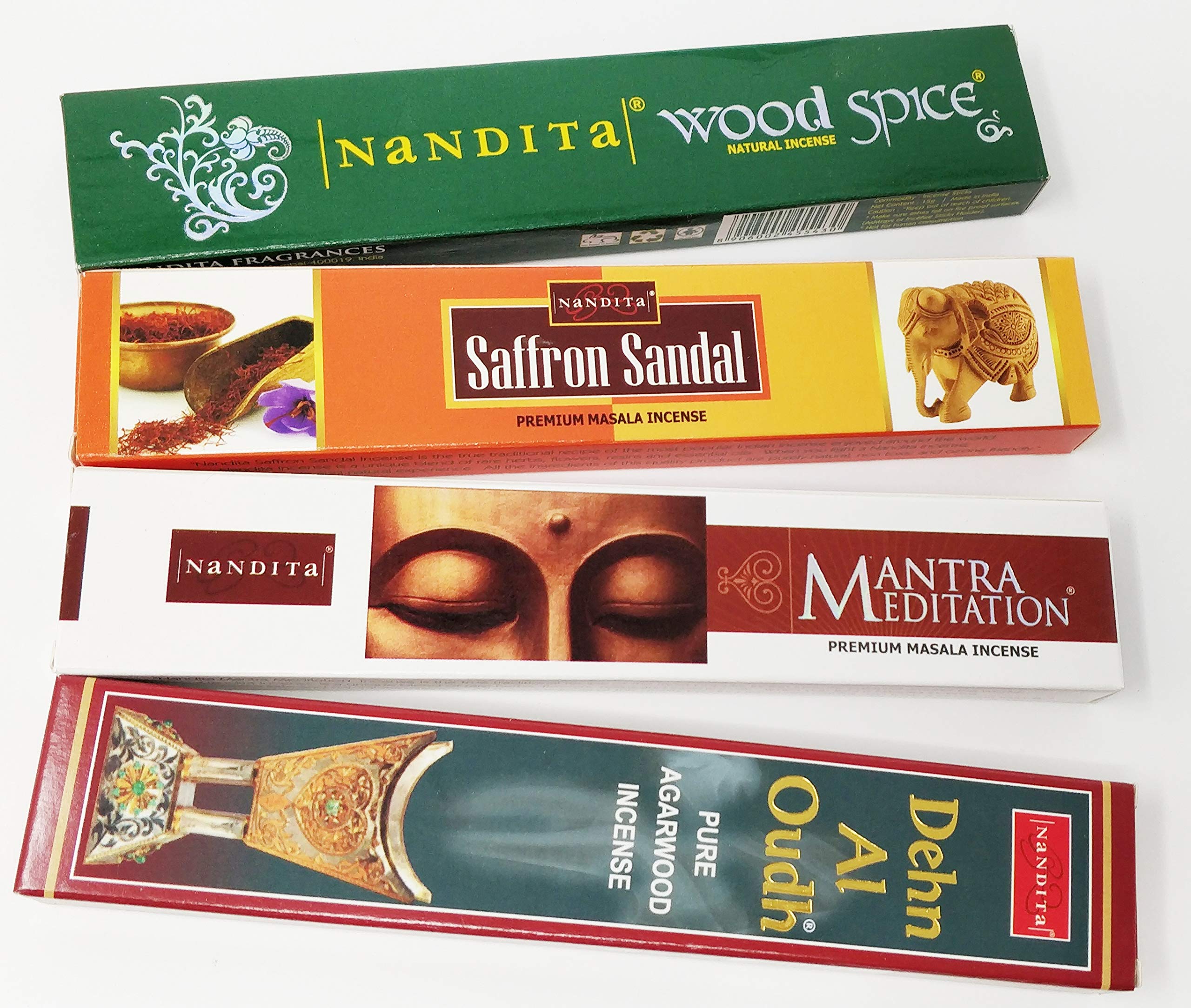Nandita INCENSE STICKS- SAFFRON SANDAL, DEHN AL OUDH, MANTRA MEDITATION, WOODSPICE With Magnetic Bookmark By Sterling Effectz