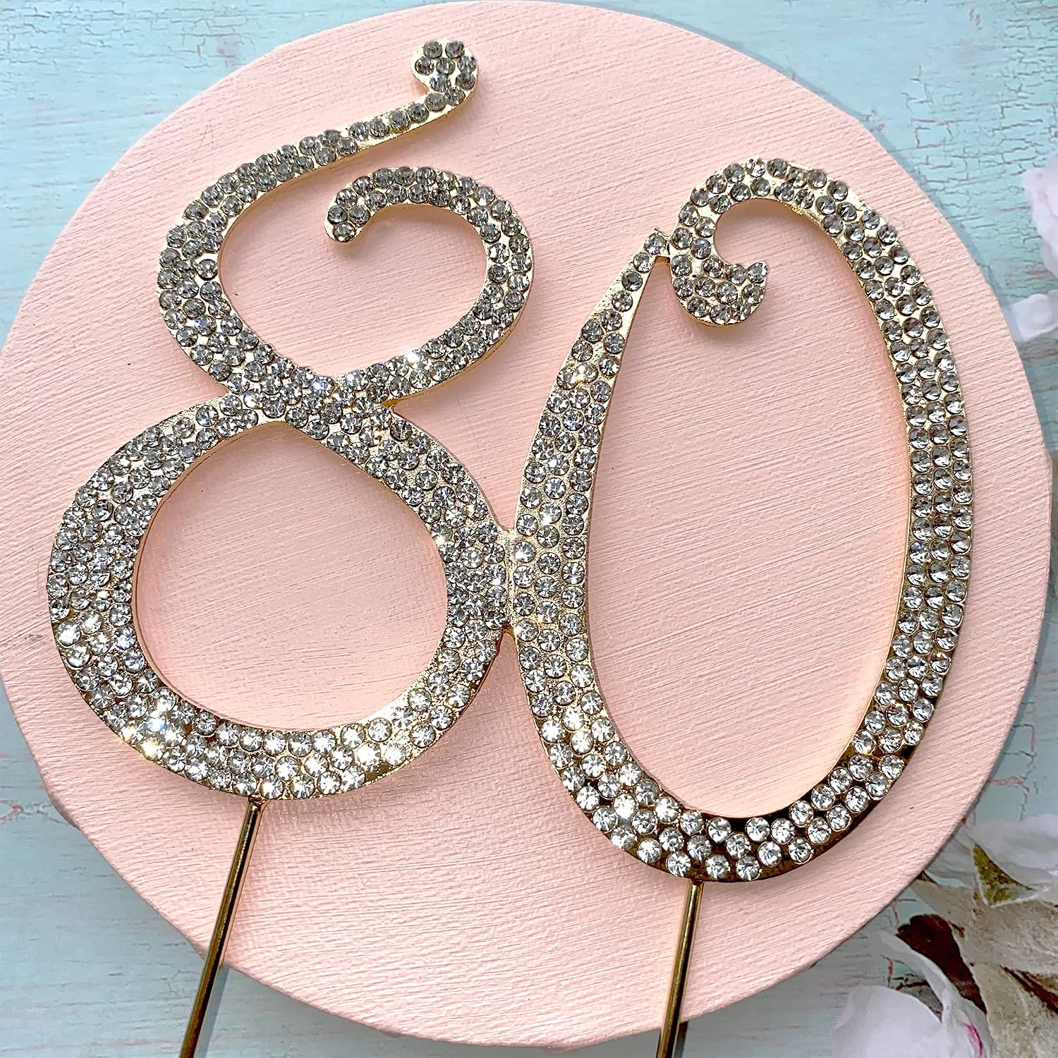 80th Cake Topper with Sparkly Crystal Rhinestone, Birthday Diamond Wedding Anniversary Party Supply, Glaring Golden Cake Decoration