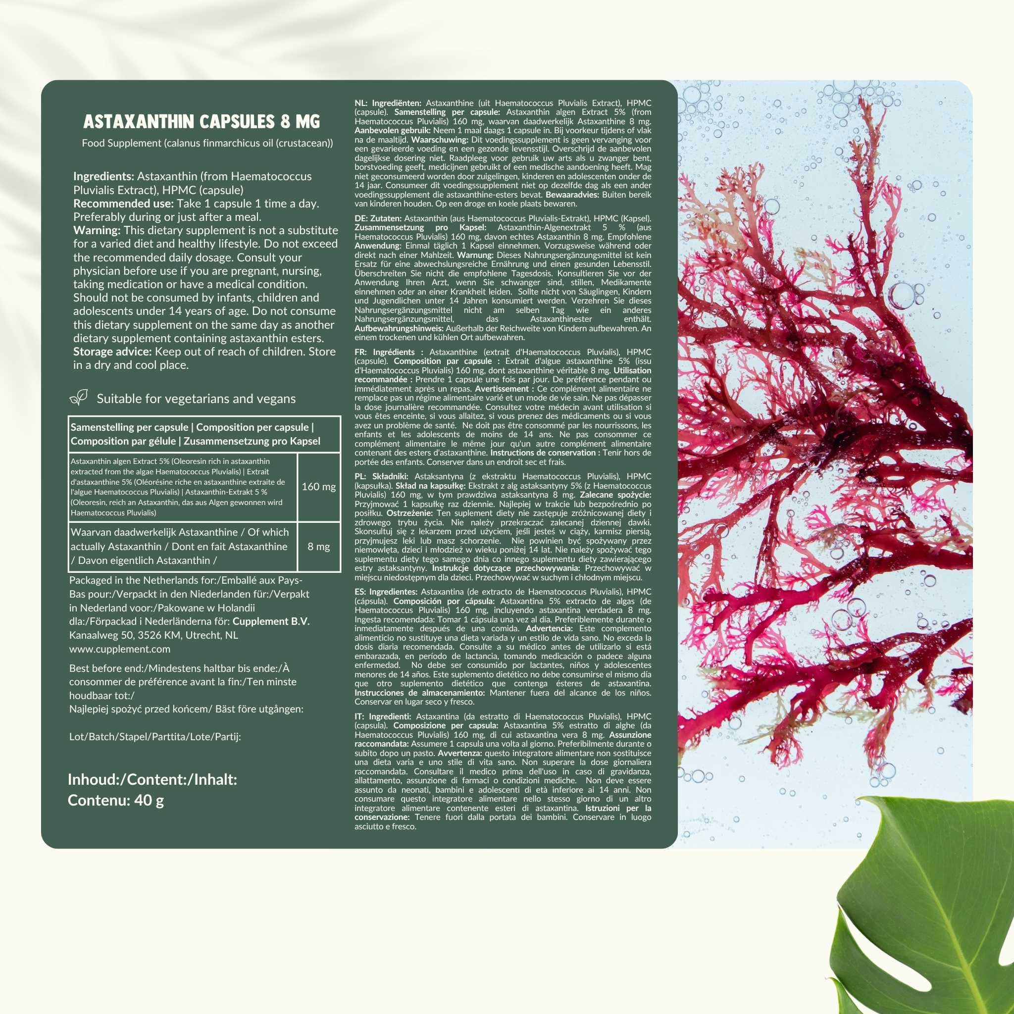Astaxanthine Capsules 8 mg Combideal 4x 60 Capsules - Peau & Yeux - 60 jours d'approvisionnement par sachet