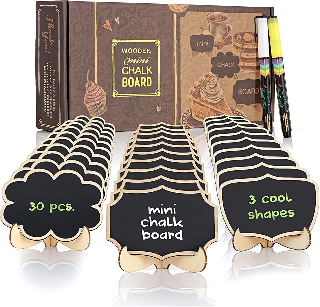 Mini Chalkboard Signs with Stand 30 Pack and 15 Replacement Stickers for Food Labels, Table Numbers, and Place Cards Display, Small Blackboards for Weddings, Buffet, and Parties with 2 Chalk Markers