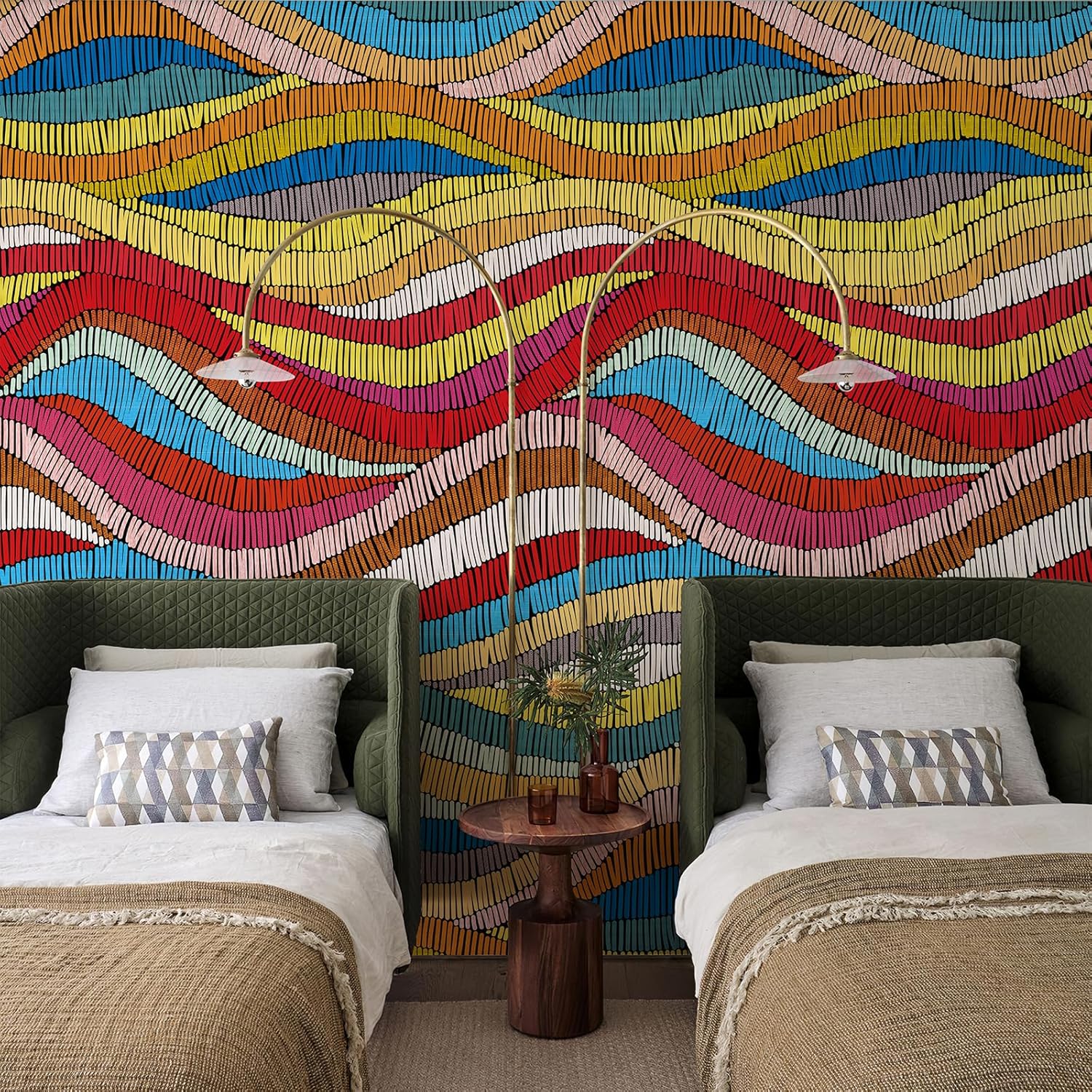 Large Boho Wall Mural Peel and Stick 148" W x 98" H Colorful Rainbow Embroidered Waves Abstract Wallpaper 3D Geometric Modern Wall Paper Self Adhesive Wall Art Deco for Living Room Bathroom