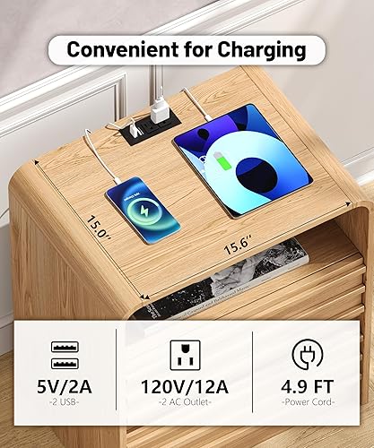 Miniatura 3 de Fluted Nightstand with Charging Station, 19.7'' Wide Curved Bedside Table, Slatted Panel Design Mid Century Side Table, 2 Drawers & Open Top Shelf