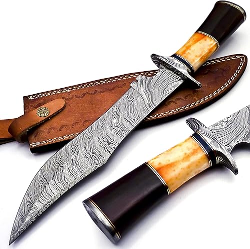 BK-40 Cuchillo Bowie de acero de Damasco hecho a mano de 15 pulgadas - Hermoso mango de hueso de madera de rosa y cuerno de toro con vaina