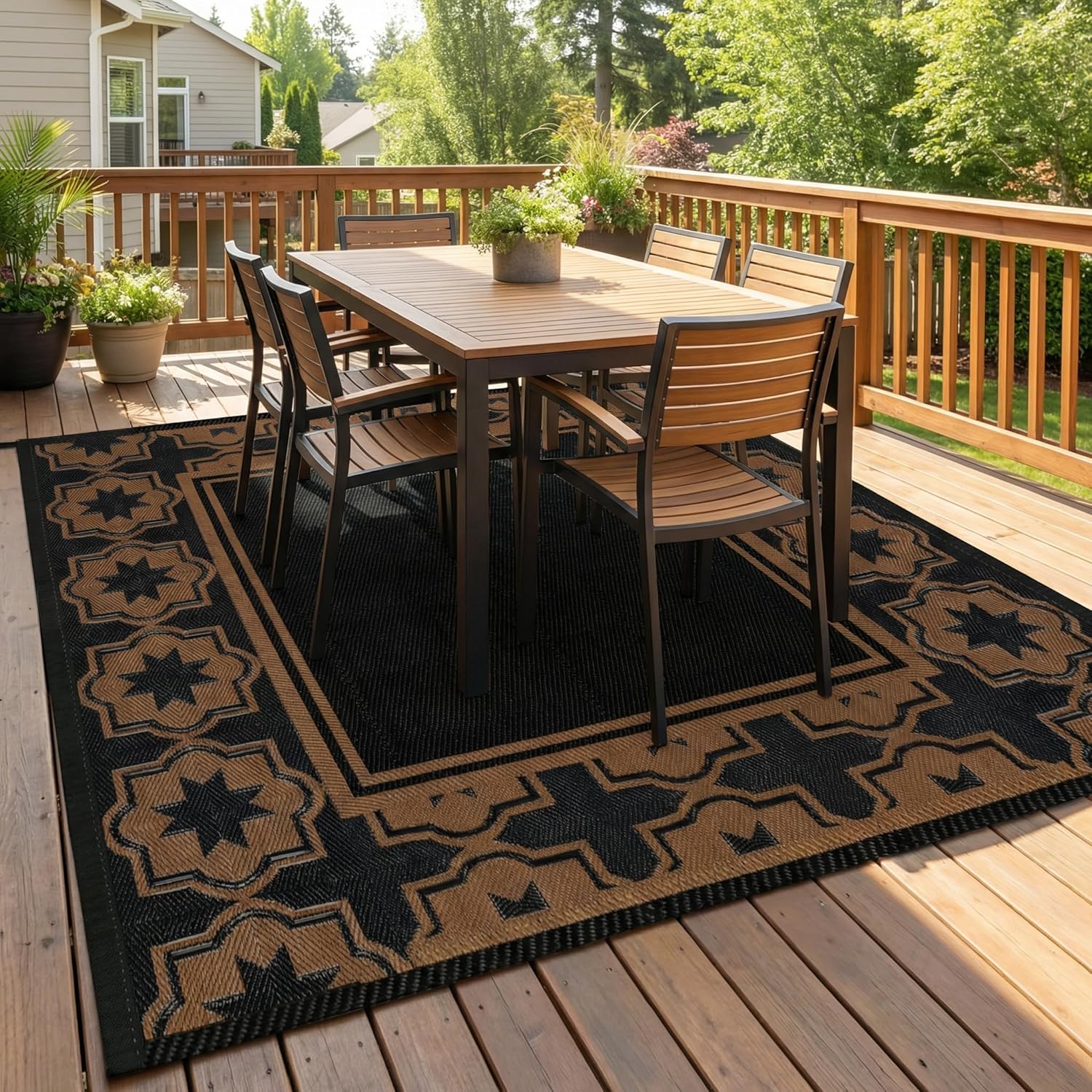 Outdoor Rug Geometric Black Brown 9x12 Waterproof, Extra Large Reversible Plastic Straw Outdoor Patio Rug 0.13" Thick for Backyard, Patio