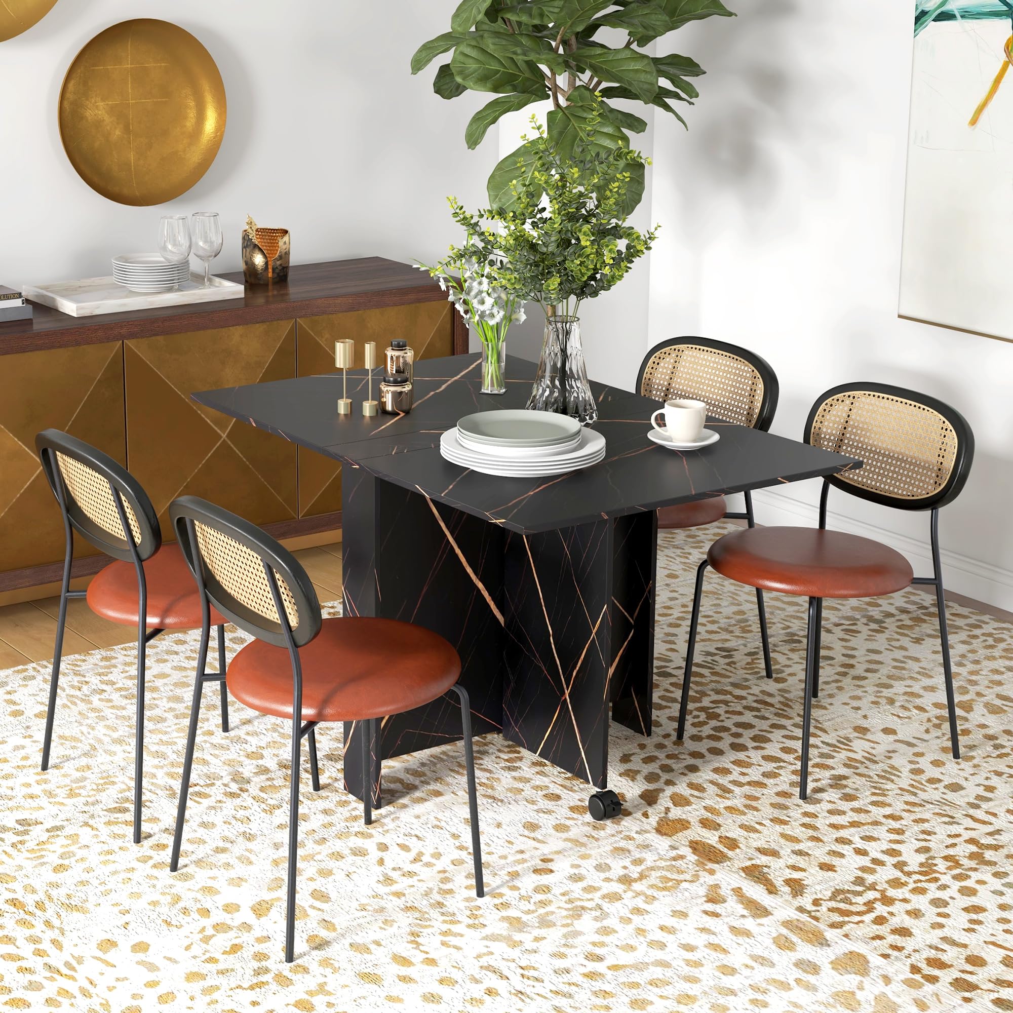 HOMCOM Mesa Plegable de Comedor Ruedas 120x80x73 cm Negro con Efecto Mármol | Mesa de Cocina Plegable, Alas Abatibles, Hasta 6 Personas, para Salón, Espacio Pequeño