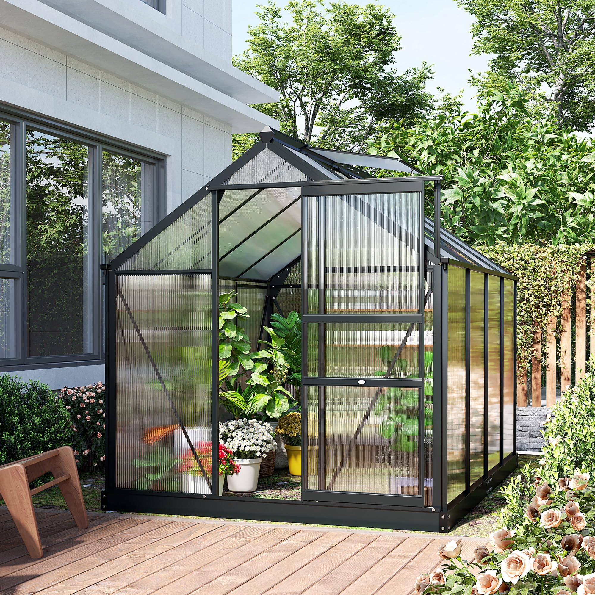 Outsunny 6' x 8' x 6.5' Polycarbonate Greenhouse, Heavy Duty Outdoor Aluminum Walk-in Green House Kit with Rain Gutter, Vent and Door for Backyard Garden, Gray