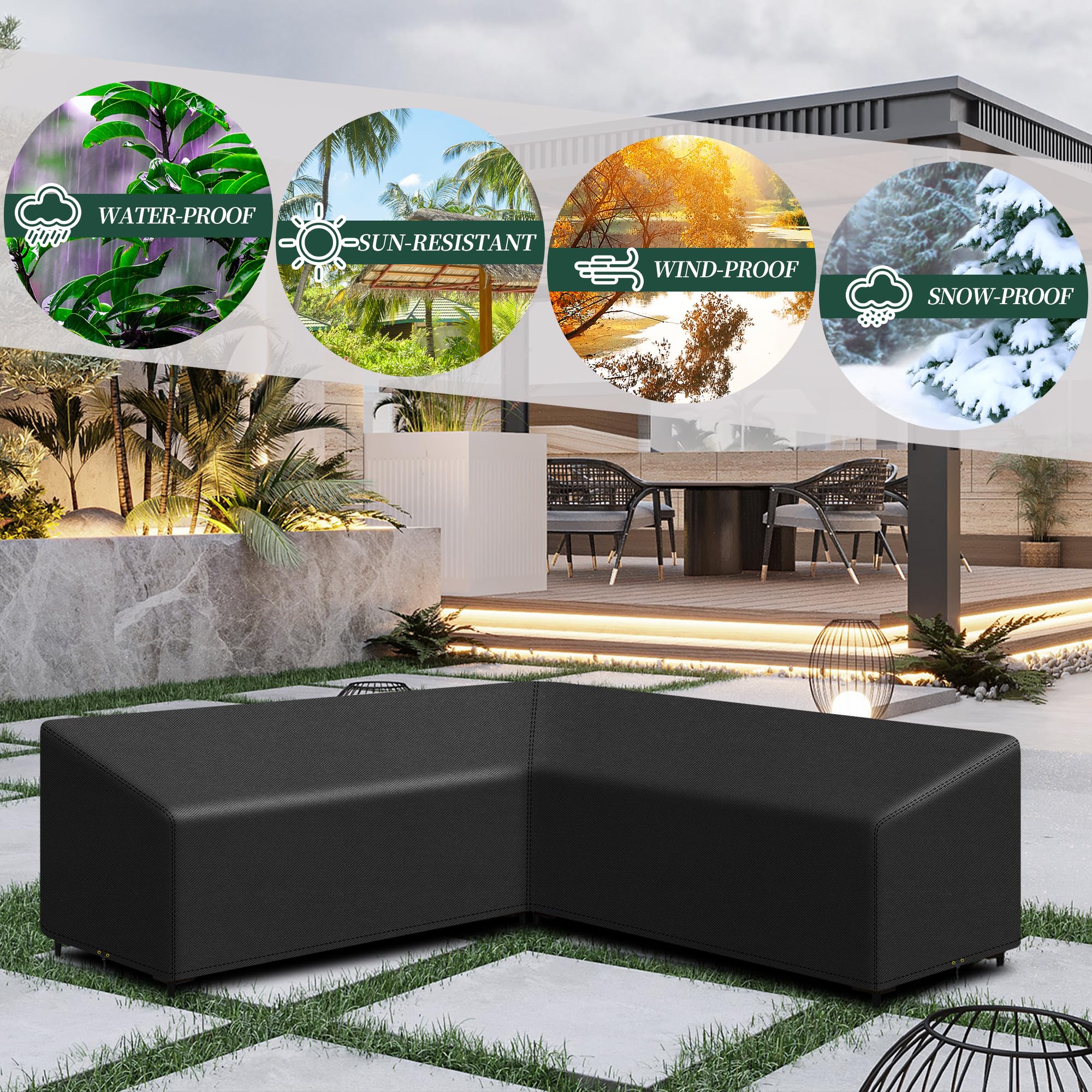 Copertura per mobili da giardino a forma di L, impermeabile, tessuto Oxford 420D, copridivano angolare in rattan da esterno, antivento, anti-UV, forma a L (222 x 286 x 82 cm), lato destro