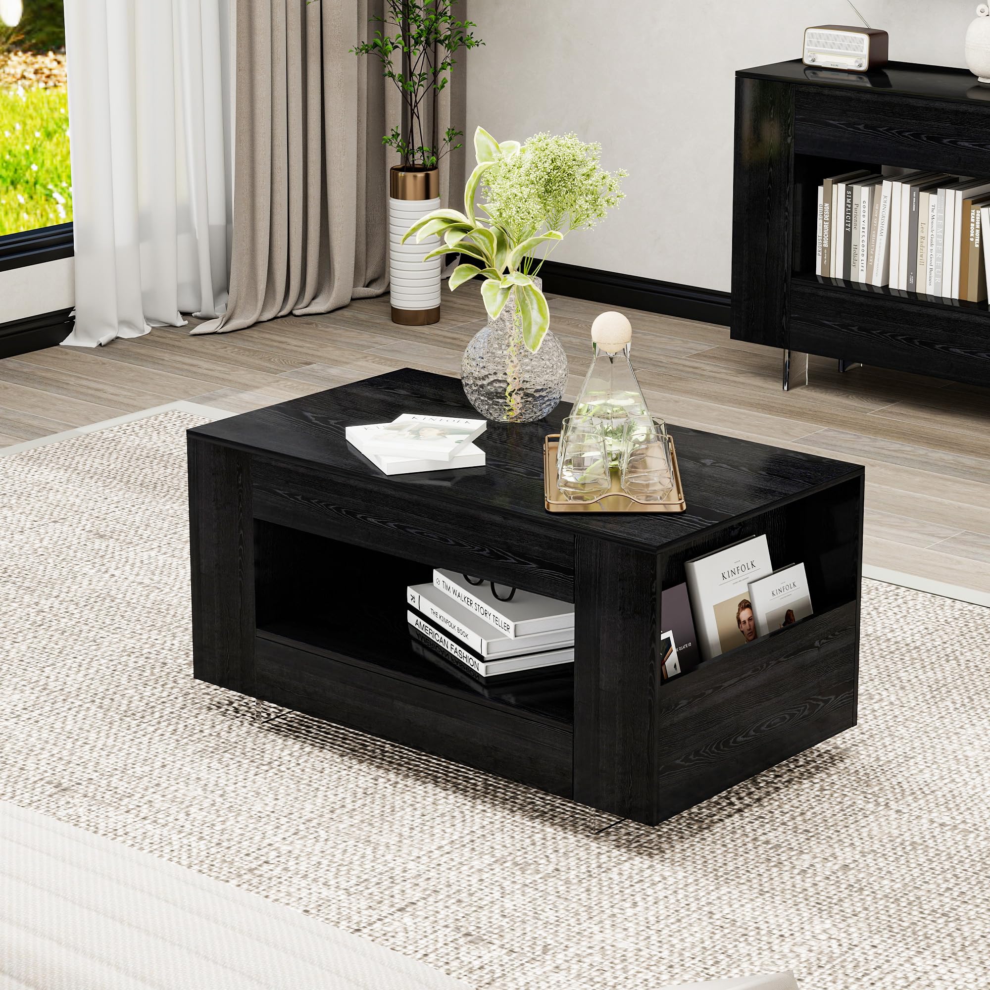 35 Wood Coffee Table for Living Room Sides Storage with Transparent Legs Minimalist Modern 2-Tier Storage Shelf Center