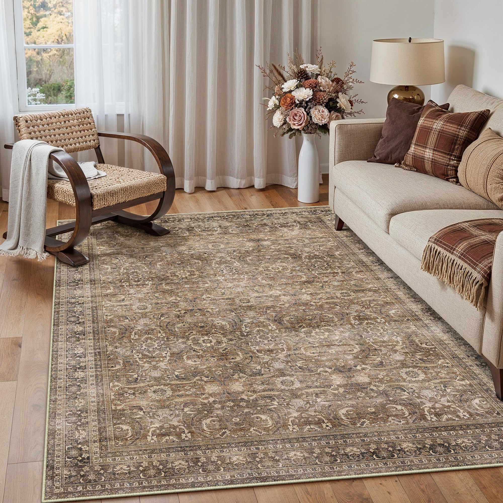 hugear 3x5 entryway area rug vintage brown small rug machine washable door mat retro floral low pile carpet vacuumable distressed throw rug entrance kitchen bedroom bathroom non slip lightweight