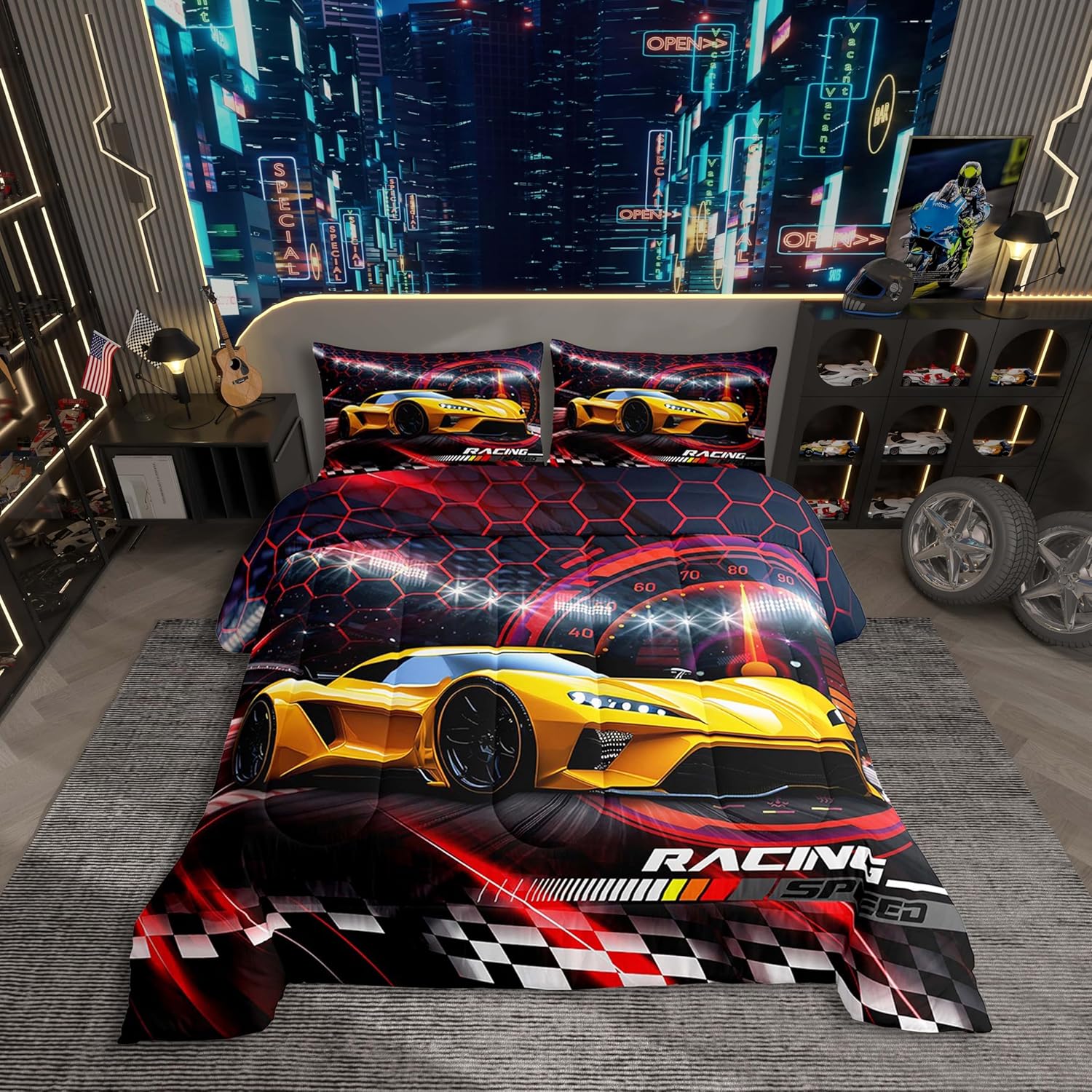 Boys Racing Car Comforter Set,Cool Speed Race Car Bedding Set Queen Size for Kids Boys Girl Teens Bedroom,Blue Purple Speed Dashboard Sports Cars Down Comforter,Automobile Extreme Sport Quilted Duvet
