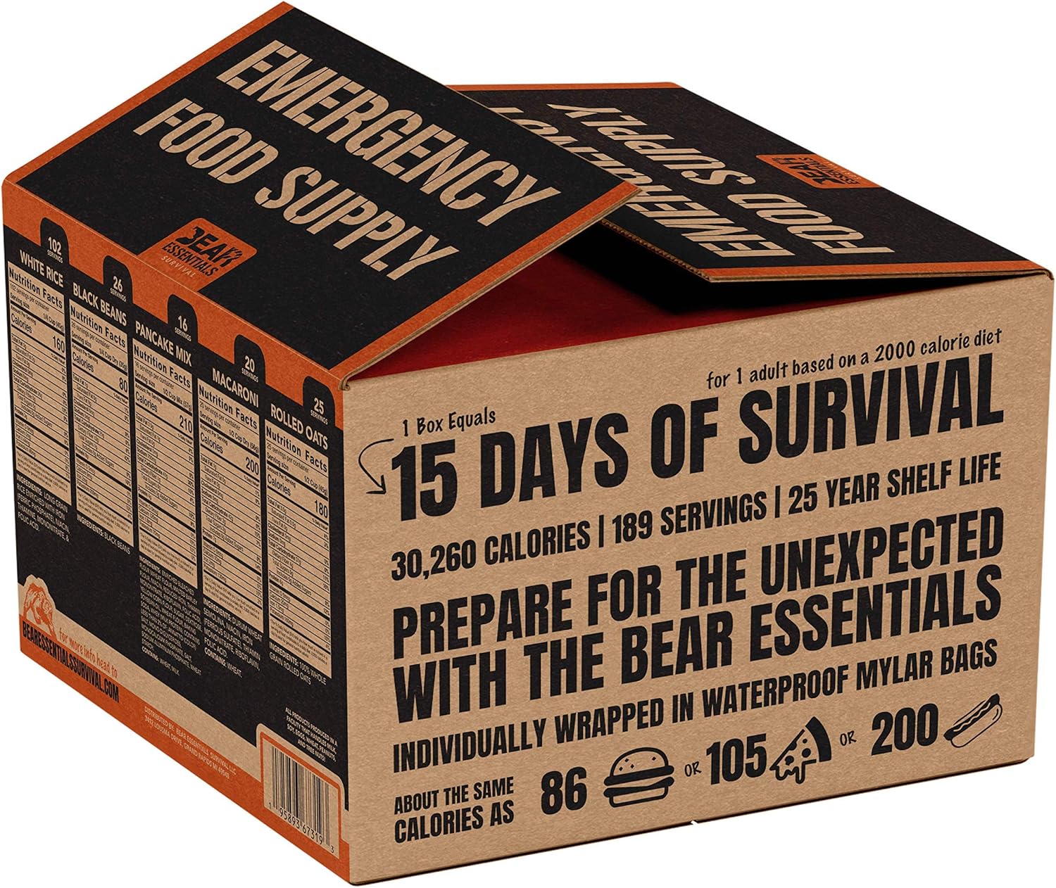 Bear Essentials Survival | 15 Day Emergency Food Supply |189 Servings | 30,260 Calories | 25 Year Shelf Life | Non Perishable MRE Alternative - - 