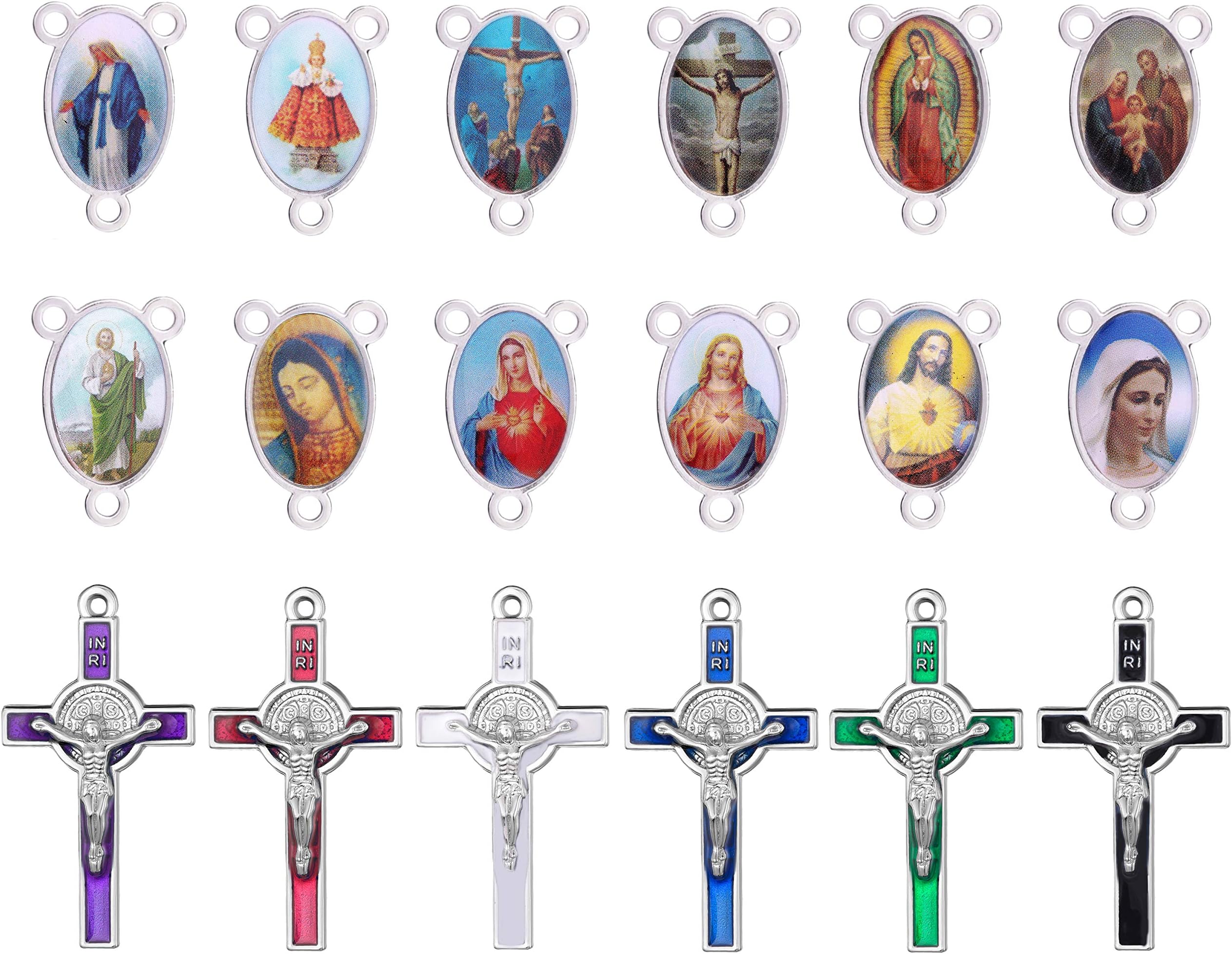 ZHENYIN 30Set Rosary Cross and Center Miraculous Medal with Alloy Crucifix Cross Pendants and Oval Chandelier Links for Rosary Holy Beads Necklace Making