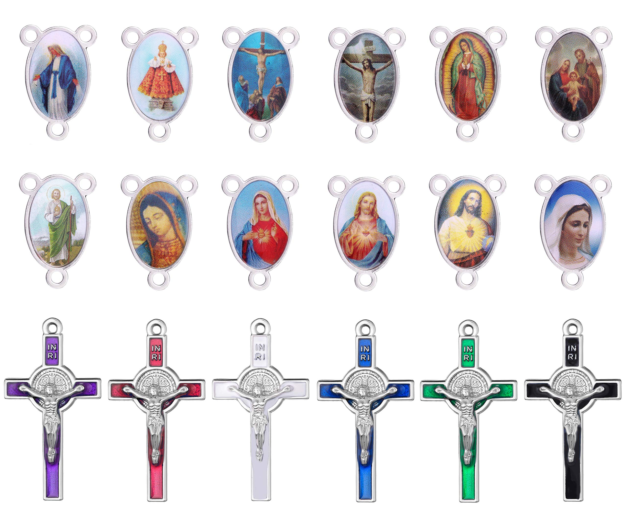 ZHENYIN 30Set Rosary Cross and Center Miraculous Medal with Alloy Crucifix Cross Pendants and Oval Chandelier Links for Rosary Holy Beads Necklace Making
