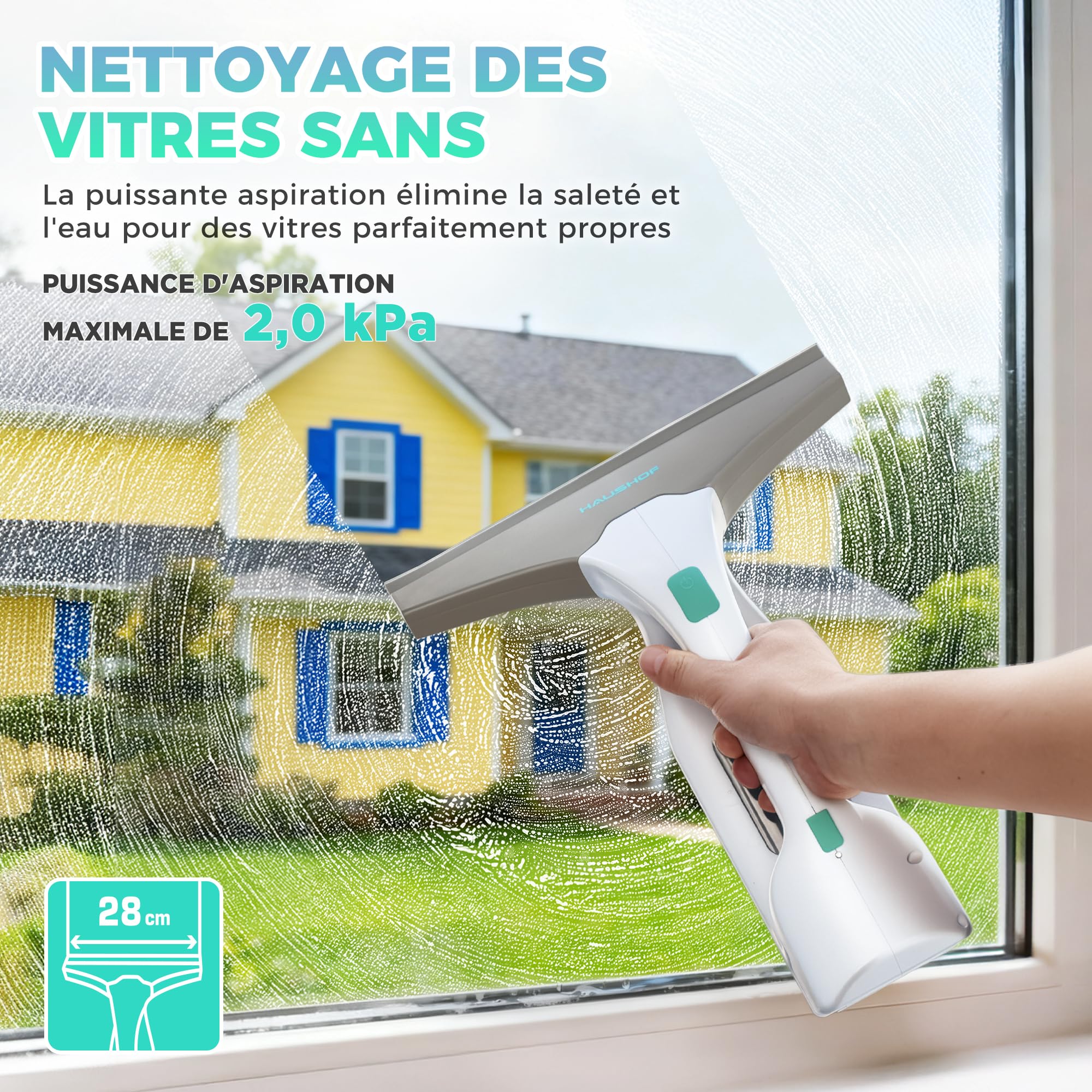 HAUSHOF Nettoyeur de Vitres, Aspirateur à Vitres Sans Fil 2 kPa, Lave Vitre Électrique avec Raclettes de 28cm, Réservoir Amovible 100 ml, 30 min d’Autonomie, pour Vitres, Miroirs, Carrelage