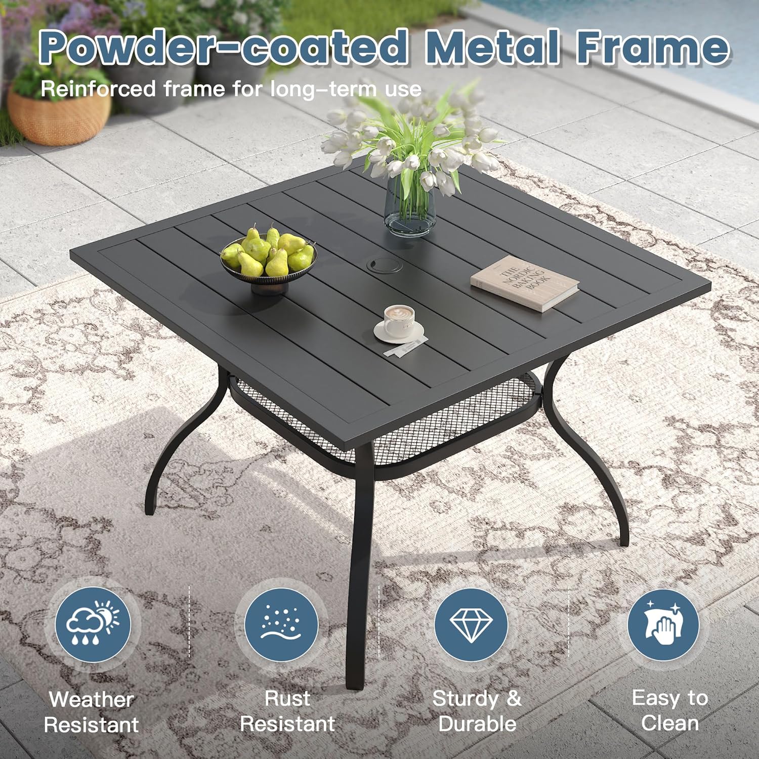 DIFY Square Patio Dining Table for 4, 38" Black Outdoor Metal Dining Table with 1.57" Umbrella Hole for Backyard, Lawn, Garden and Deck