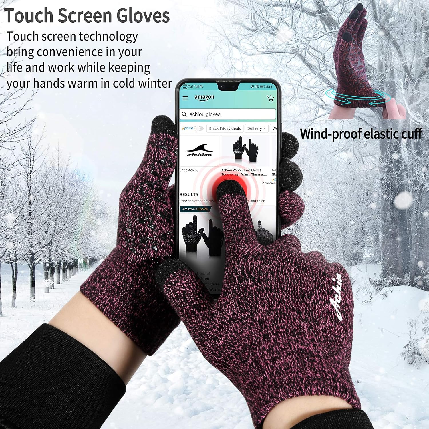 Achiou Winter Gloves for Men Women, Touch Screen Texting Warm Gloves with Thermal Soft Knit Lining,Elastic Cuff 3 Size Choice at  Men’s Clothing store