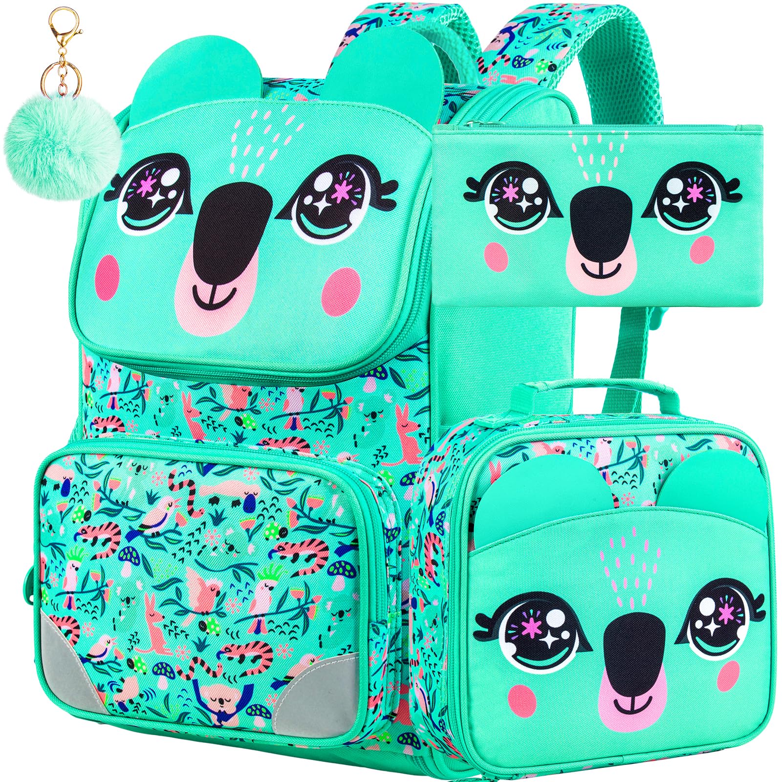 KLFVB 3PCS Backpack for Girls and Boys, 15" Unicorn Dinosaur Bookbag with Lunch Box, Kids Preschool School bag