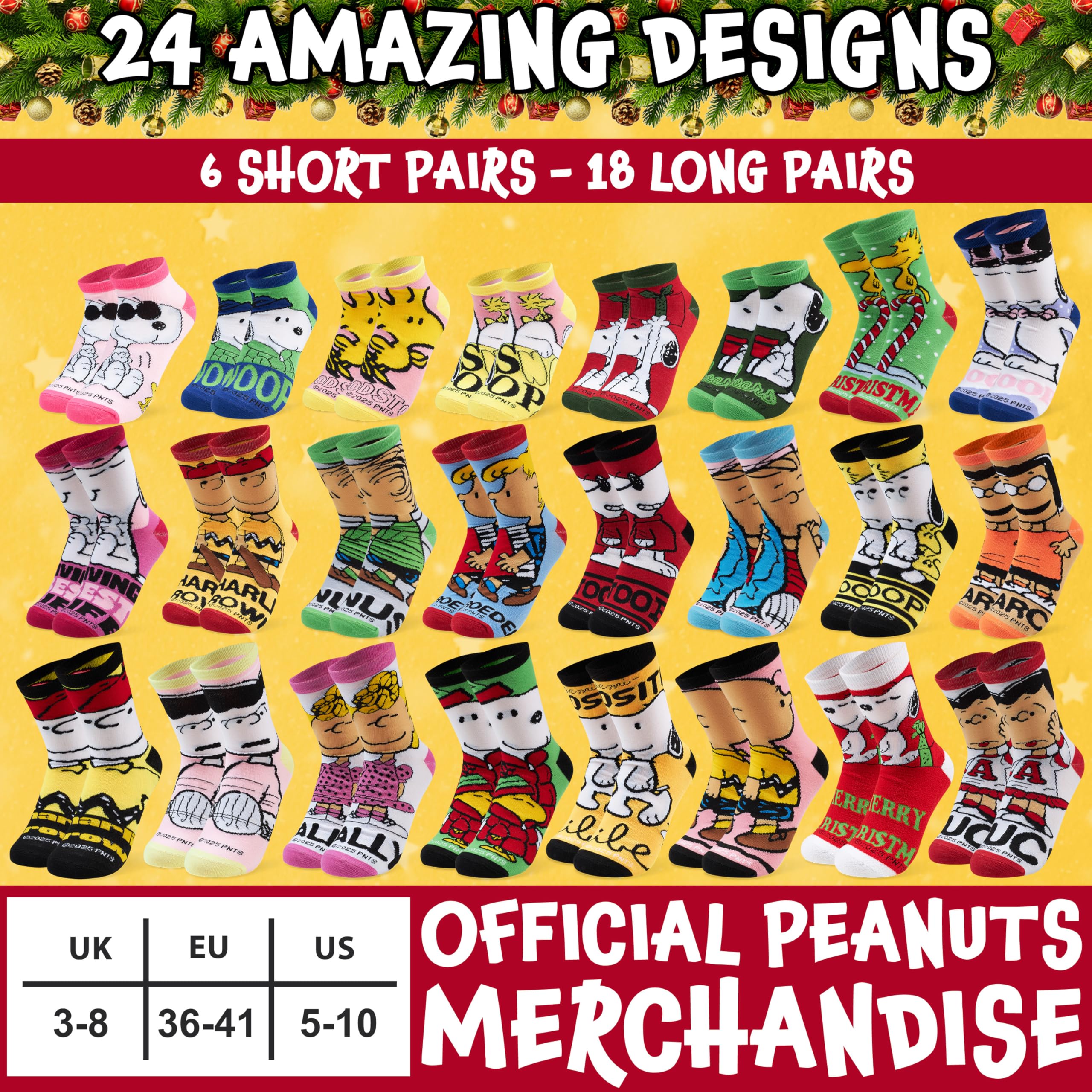 Get Trend Peanuts Snoopy Calendario Adviento 2025 con 24 Pares Calcetines Divertidos Colores para Mujer y Adolescente, 36-41, Regalo Original (Multi Snoopy)