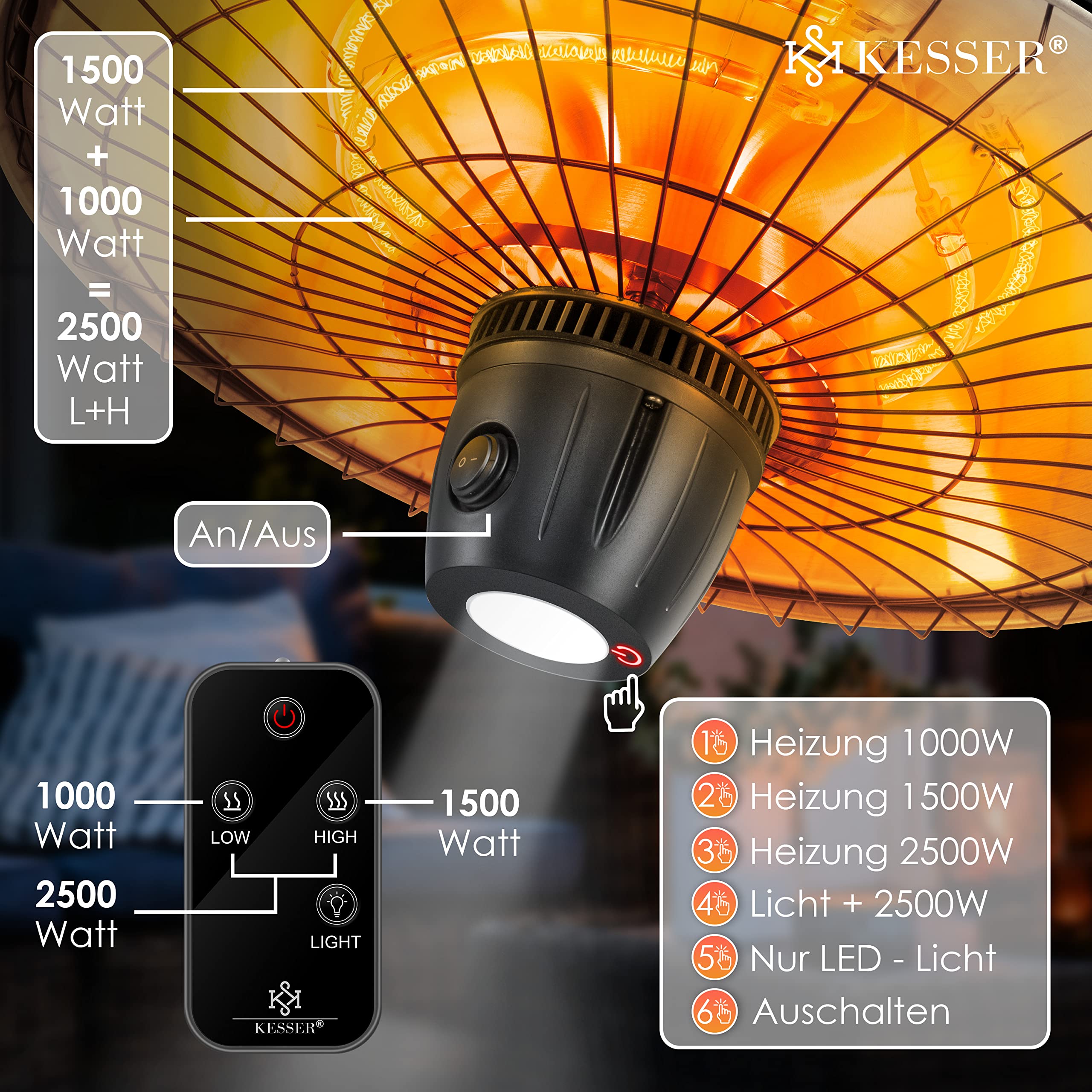 KESSER® Grzejnik sufitowy na podczerwień, 2500 W, promiennik tarasowy, z pilotem zdalnego sterowania, kwarcowy, światło LED, sufit, z łańcuszkiem i karabińczykiem, element grzejny z włókna węglowego