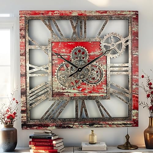 Miniatura 10 de ImprovingLife The Gears Clock - Reloj de pared cuadrado con engranaje móvil real de 24 pulgadas, estilo vintage, industrial, de gran tamaño, casa de