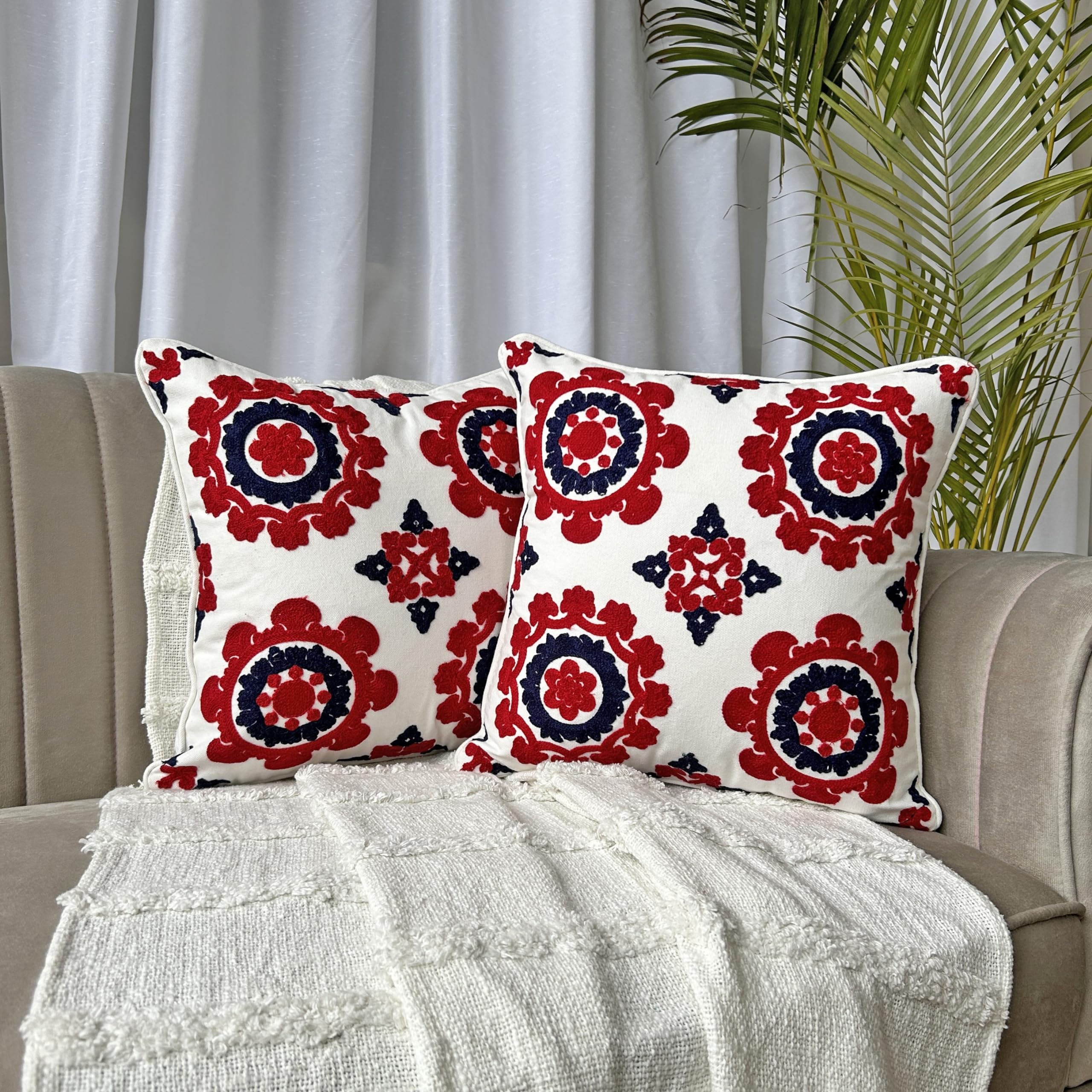 Export House Aari Work Cushion Covers 16 inch x 16 inch Pack of 2 | Round Floral Design | Hand Embroidery Cotton Cushion Covers | Throw Pillow Cover for Sofa, Bedroom, Living Room (B0CT917J6B) Amazon Price History, Amazon Price Tracker