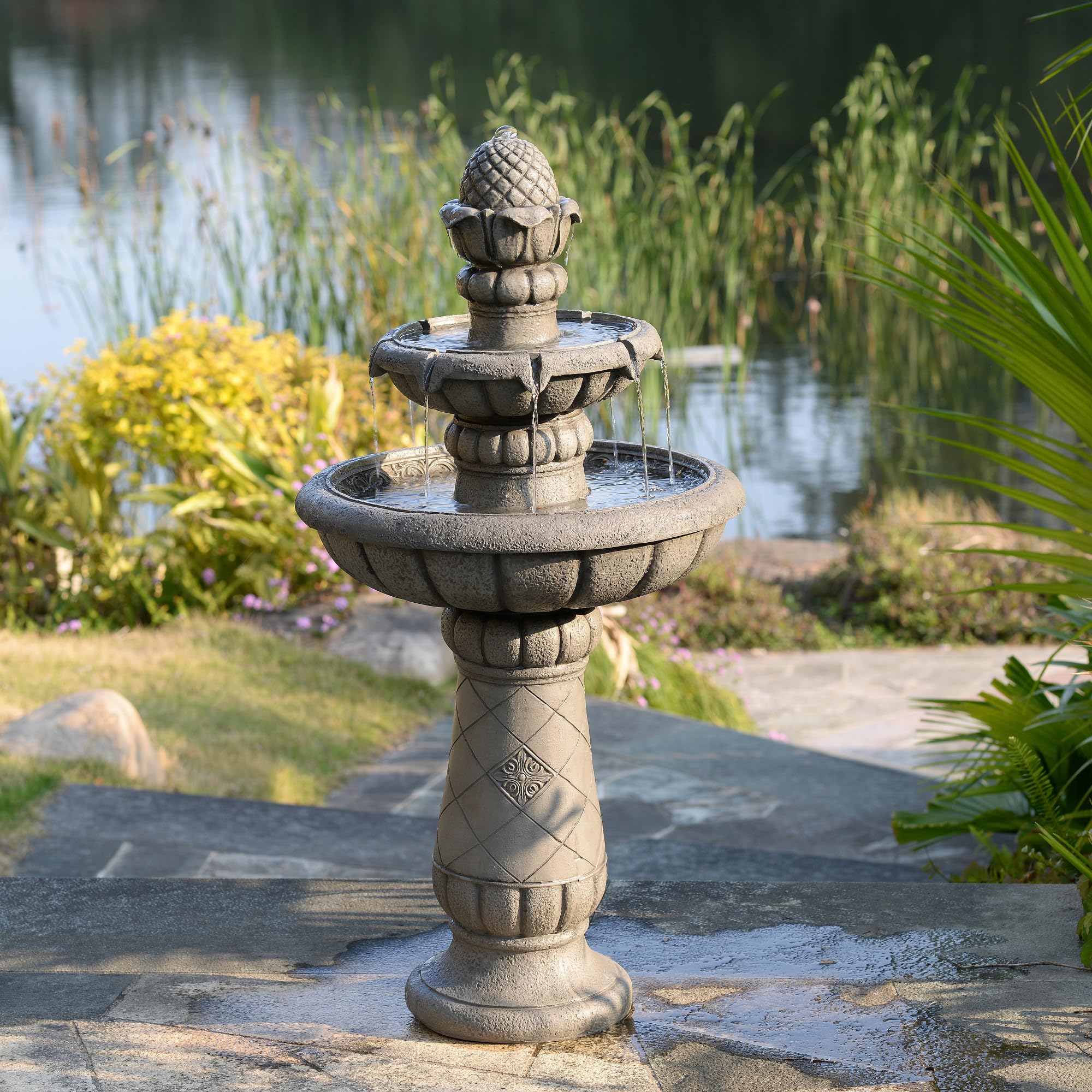 Teamson Home Fontaine Bain d’Oiseaux extérieure 99 cm à 2 Niveaux, Bassin Peu Profond, Finition Pierre Gris Clair, Flux Doux