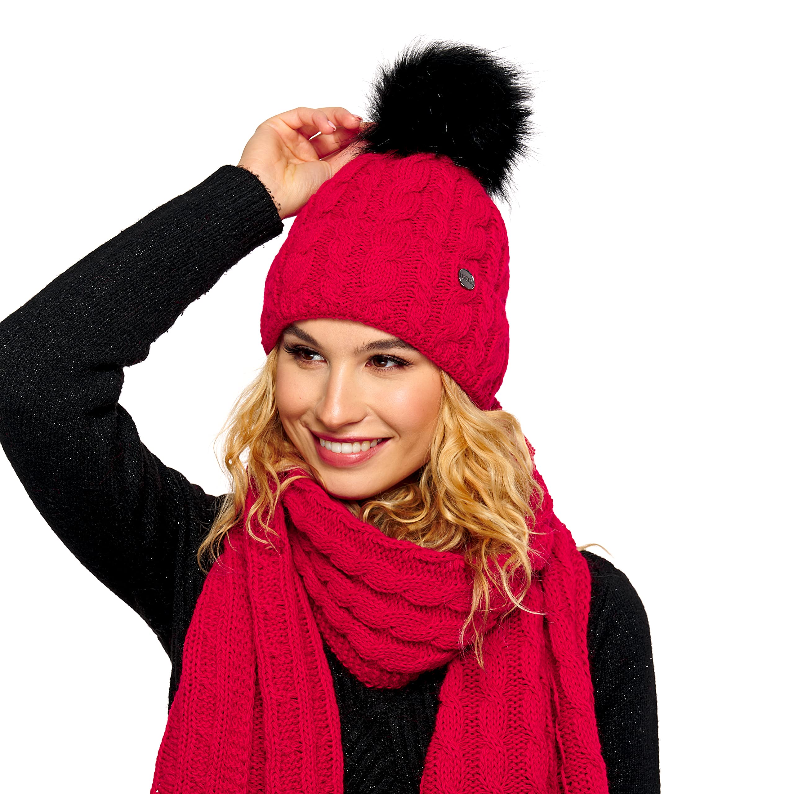 ELIMELI Czapka damska, szal zimowy, zestaw kombi – ciepła czapka z dzianiny, czapka zimowa z pomponem i pasującym szalikiem – czapka typu slouch beanie z pomponem (czerwona – zestaw)