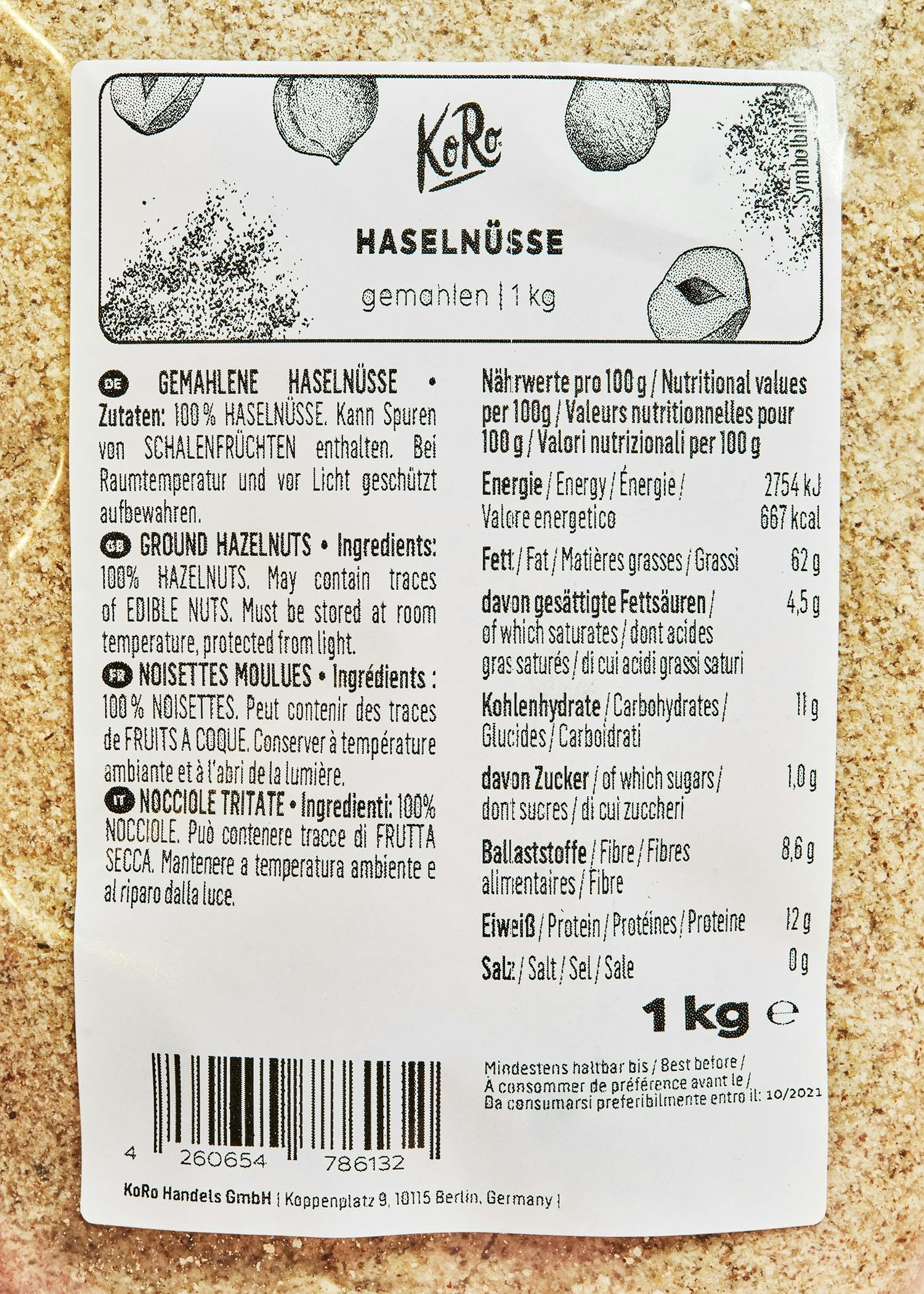 KoRo - Nocciole macinate 1 kg - 100% naturale - Senza additivi - Vegano - Senza glutine - Fonte di fibre