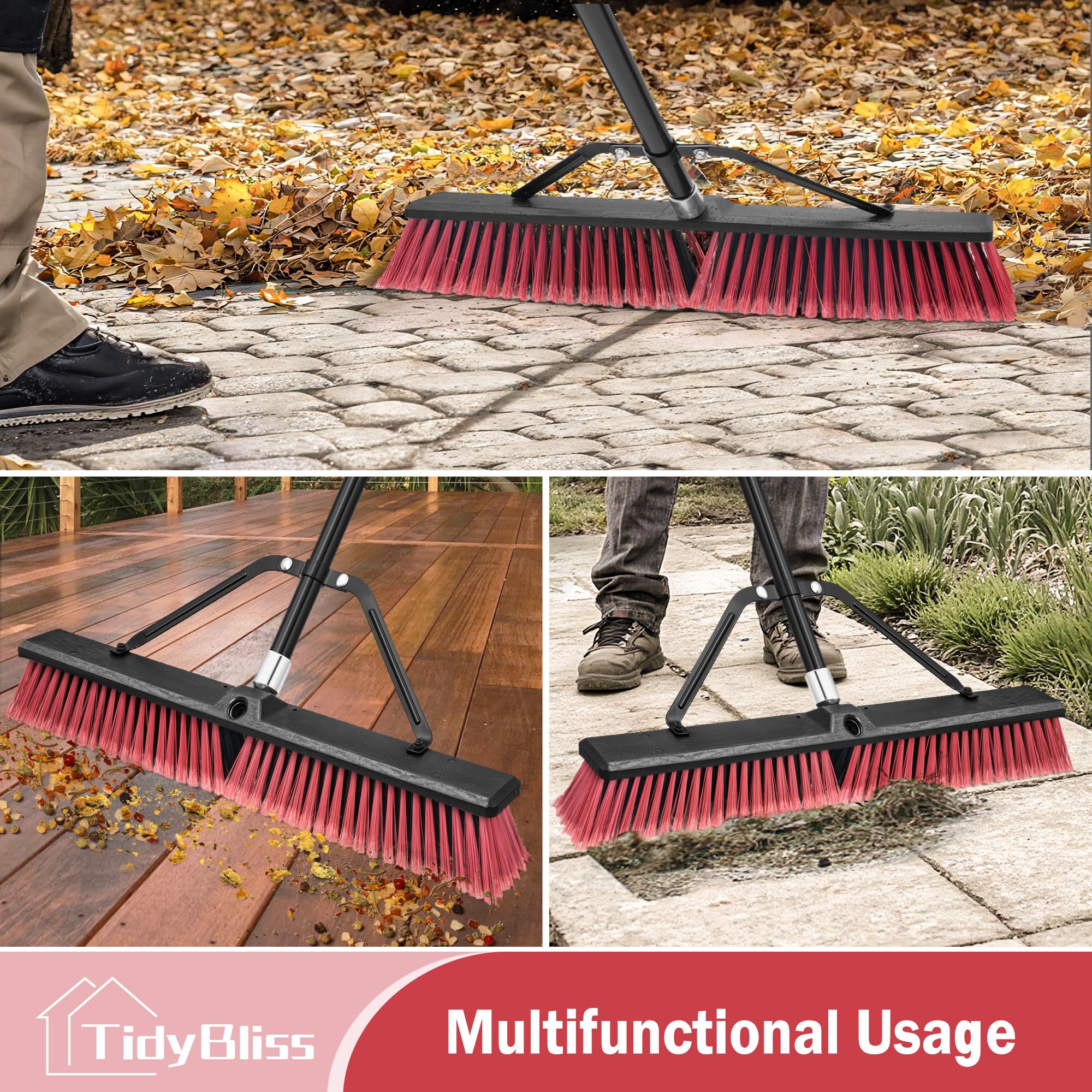 TidyBliss Scopa da Esterno Resistente da 60 cm, Spazzolone per Pavimenti Esterni con Setole Rigide e Manico Lungo 160 cm per Garage, Giardino, Cortile, Terrazza, Strada, Magazzino, Vialetto (Rosso)