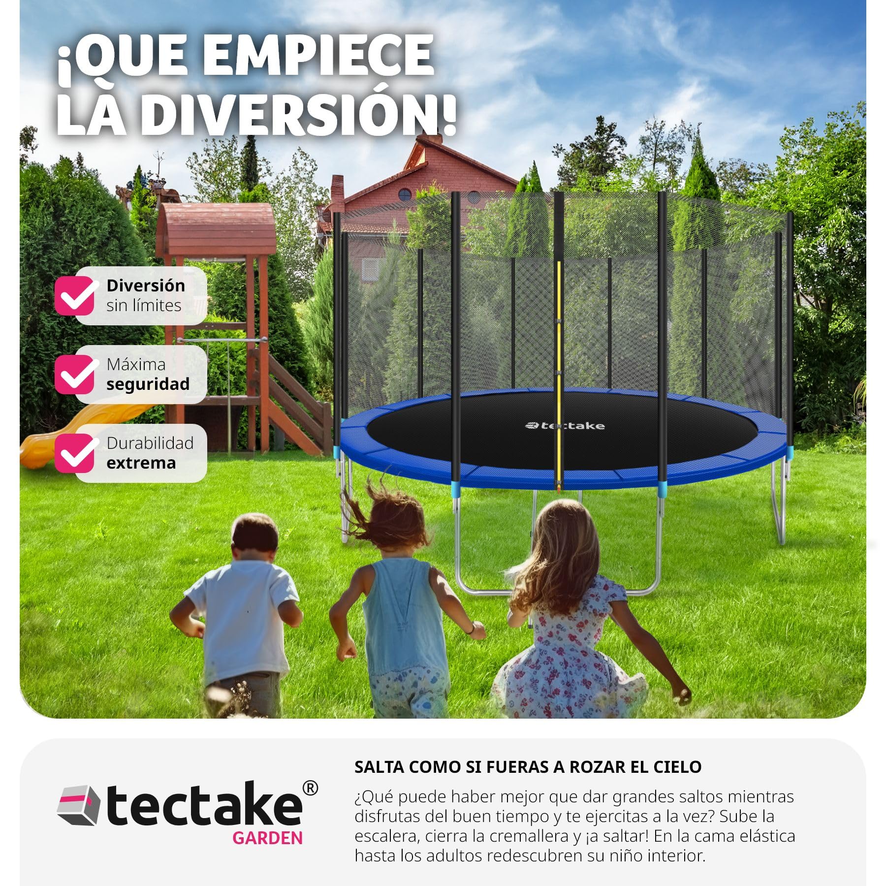 tectake® Trampolín, Cama Elástica Exterior para Niños y Adultos, Estructura de Acero, Red Protectora, Escalera, Certificado TÜV GS, Juegos Exterior Niños, Trampolin Fitness Adultos