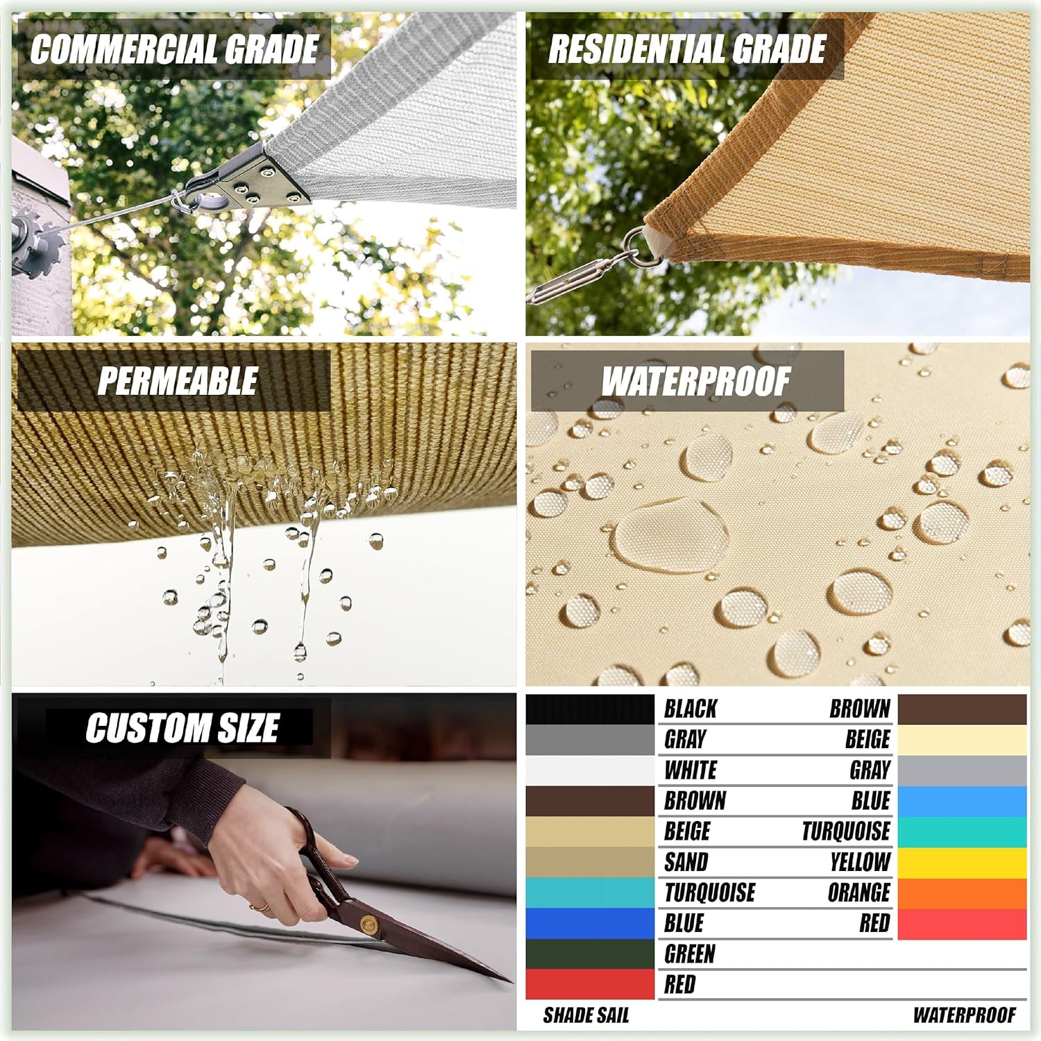 ColourTree 10' x 10' Sun Shade Sail, Rectangle Commercial Grade Canopy with Flexible Custom Dimensions, Beige