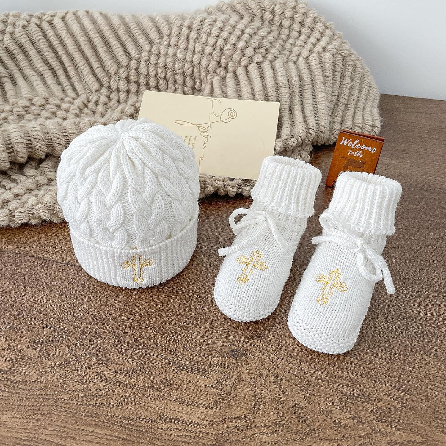 Crochet Baby Booties & Hat with Cross, Newborn Christening Baptism Outfit Knit Infant Shoes & Cap Gift for Baby Boy Girl 2PCs