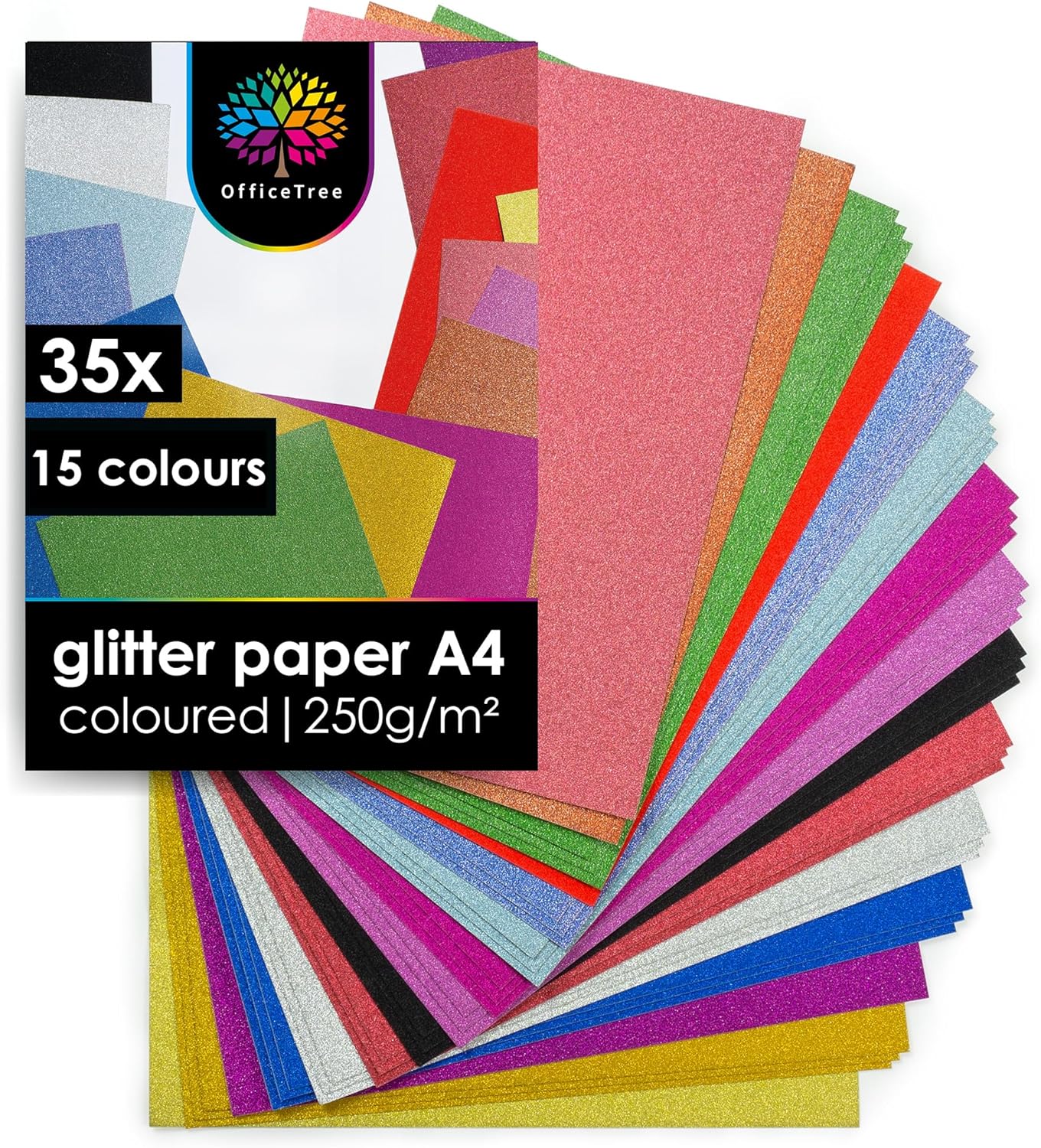 OfficeTree 35 x Glitter Paper for Craft A415 Colours Glitter Card A4