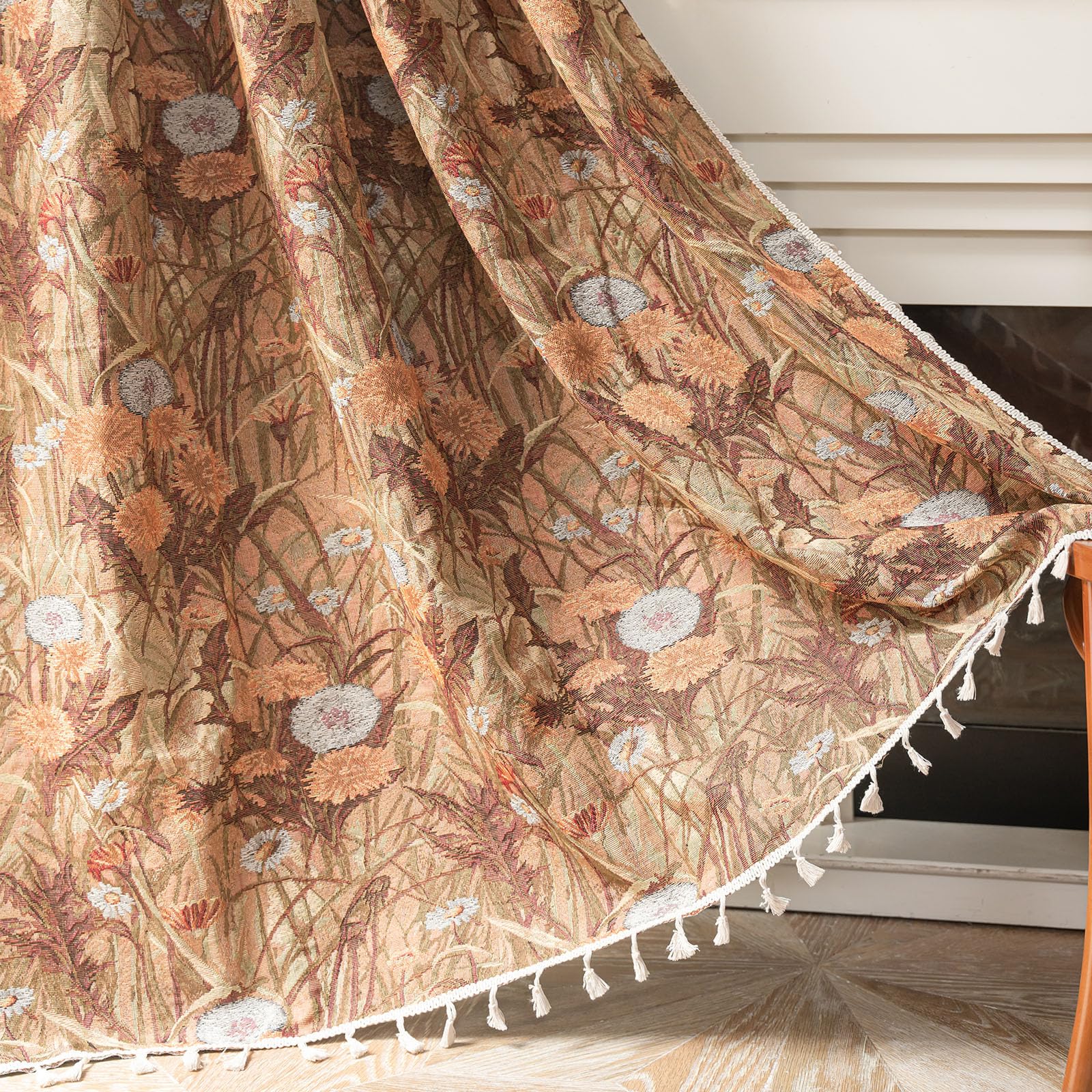 USTIDE Dandelion Curtains 87 Inches Long Bedroom Boho Drapes Short Semi Sheer Jacquard Rod Pocket Window Curtain Panel Yellow Vintage Living Room Decorative Tassel Farmhouse Window Treatments