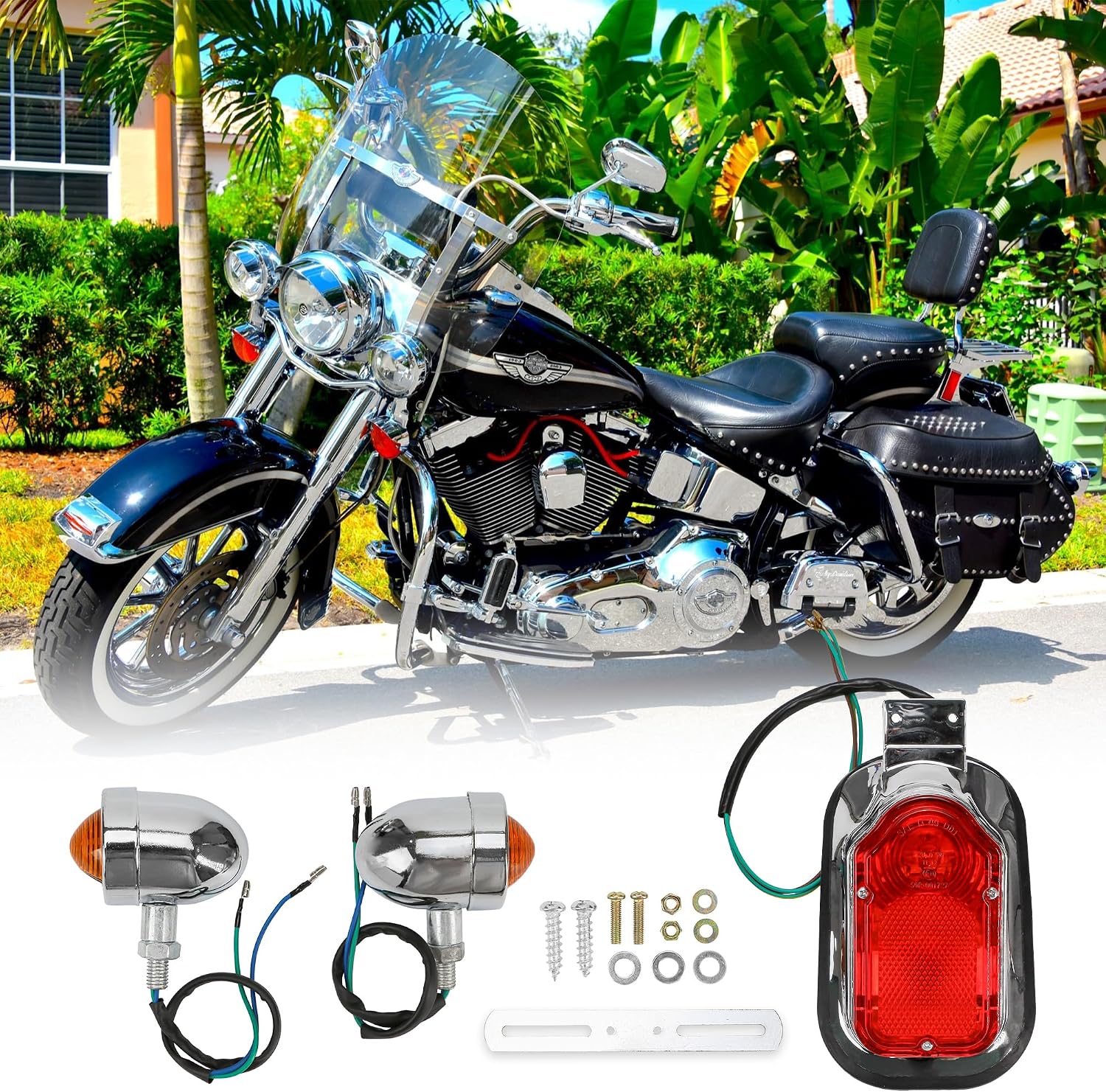 Chrome Tombstone Tail Light Rear Brake Light with Amber Turn Signals replacement for Harley Davidson Softail Chopper FLSTN Deluxe & FLSTSC Springer Classic Cruiser Custom Motorcycles