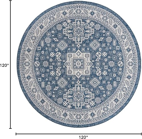 Miniatura 2 de Unique Loom Outdoor Aztec Collection Alfombra de área - Chalca (10 pies, redonda, azulmarfil)