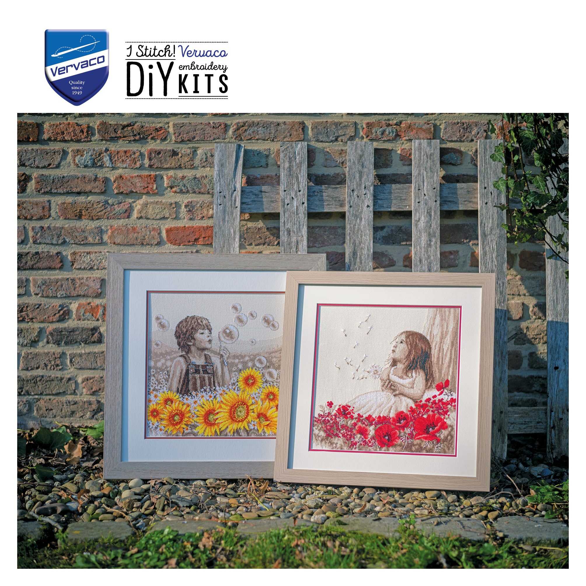VERVACO Haft Krzyżykowy Liczony Zestaw Obraz do Haftu CHŁOPIEC ZE SŁONECZNIKAMI Zrób to Sam Zestaw Kreatywny dla Dorosłych 33 x 33 cm Dekoracja Ścienna DIY Cross Stitch Kit