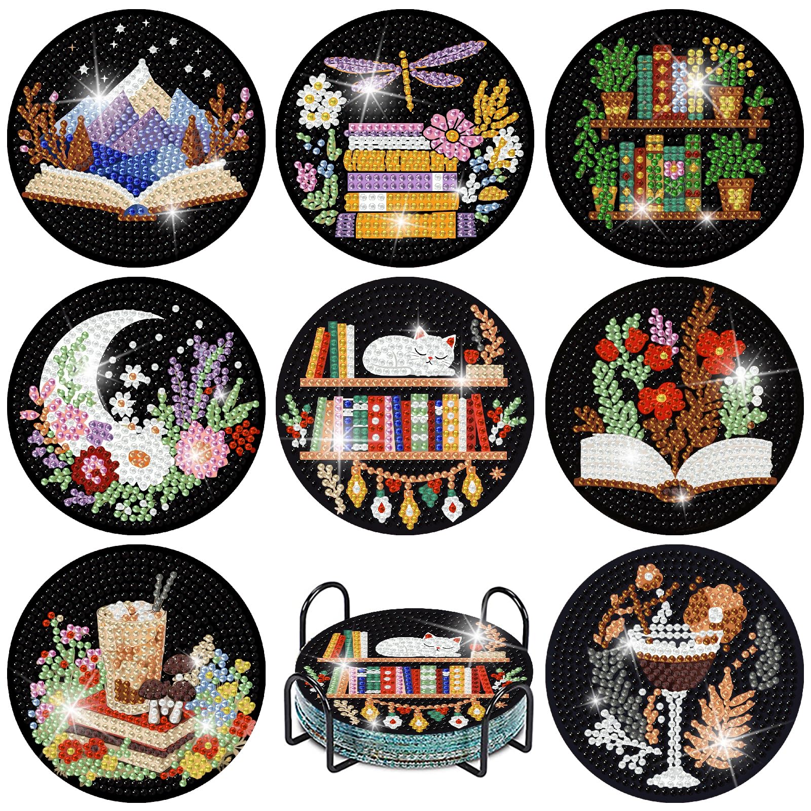 GJSZZO 8PCS Bookshelf Diamond Art Coasters for Adults, DIY 5D Bookshelf Wooden Coffee Diamond Painting Coasters with Holder, Non Slip Mosaic Dot Painting Coaster with Cork Pads for Beginners 4x4 Inch