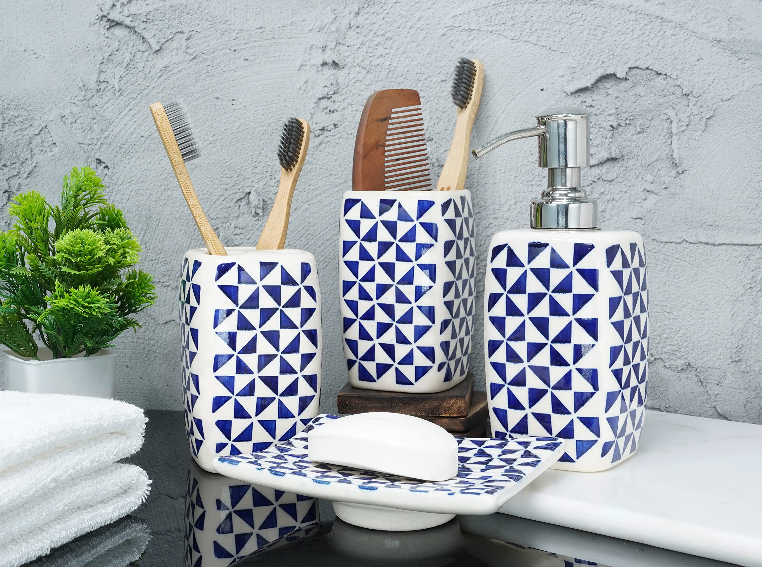 Crocon Handmade Ceramic Bathroom Accessories Set of 4 Soap Dispenser Toothbrush Stand Soap Dish/Tray Tumbler Home Decoration Bathroom Countertop Vanity Organizer Complete Bath Luxury Accessory