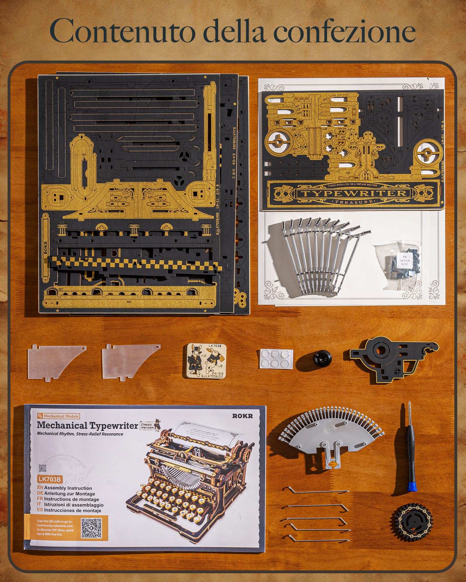 ROKR Puzzle 3D in Legno Macchina da Scrivere Meccanica Modellino Classica | Kit Costruzione Fai da Te per Adulti, Arredamento da Scrivania Retro, Mechanical Typewriter Versione Classica, LK703B
