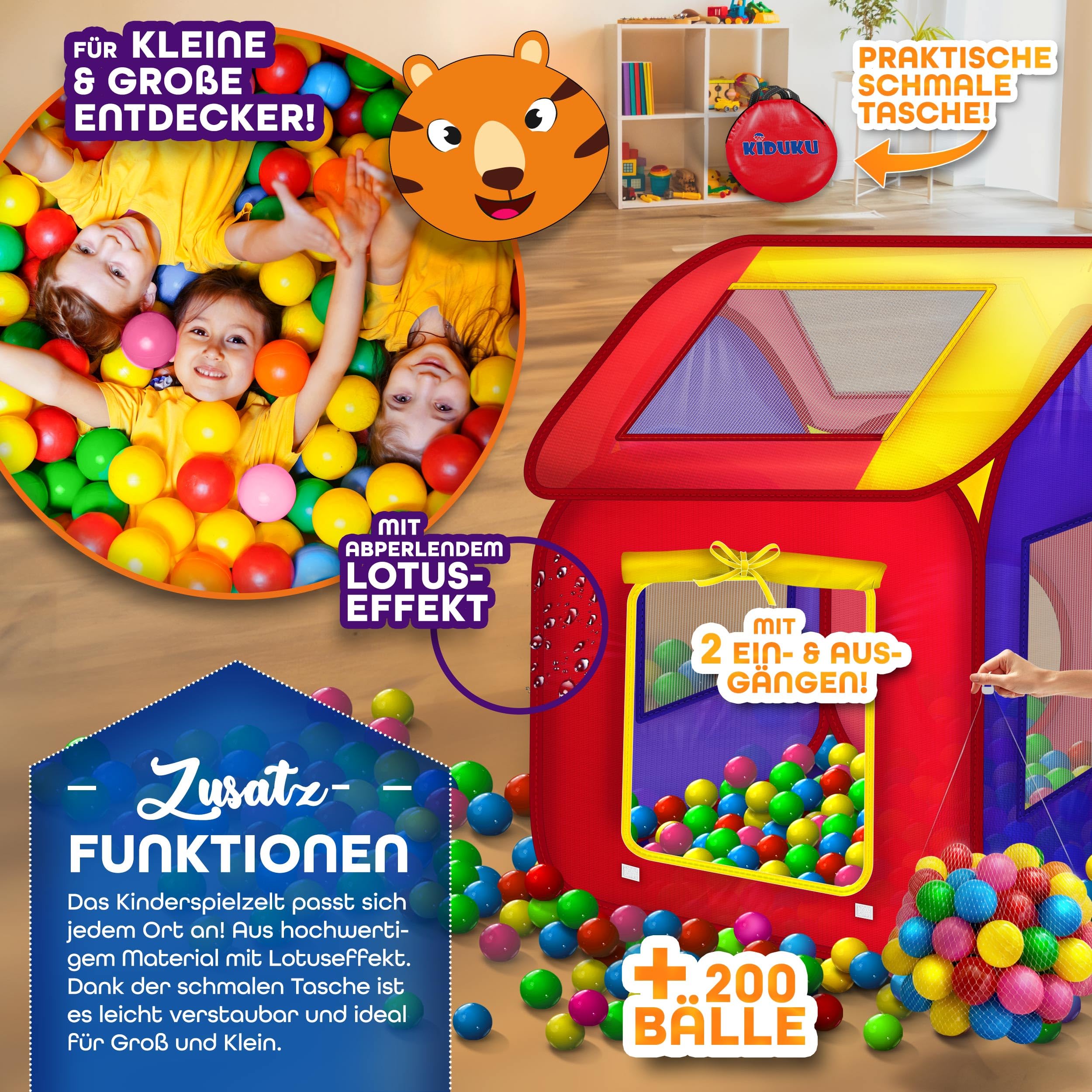 KIDUKU® Kinderspielzelt Bällebad Pop Up Spielzelt + 200 Bälle + Tasche für drinnen und draußen