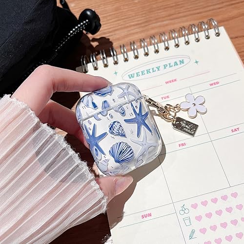 Miniatura 7 de MINSCOSE Funda transparente compatible con AirPods 1 y 2, bonito diseño de patrón de conchas y estrellas de mar con llavero, funda protectora de TPU
