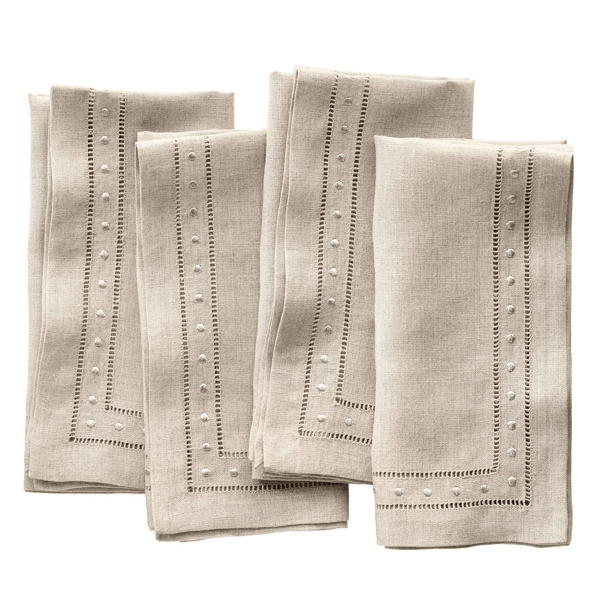 Easter Linen Napkins - Natural 18 x 18 inch, Set of 4 Linen Hemstitch Dinner Napkins Cloth with Embroidered Dot - Handcrafted from 100% French Flax Washable, Perfect for Spring and Summer Holidays