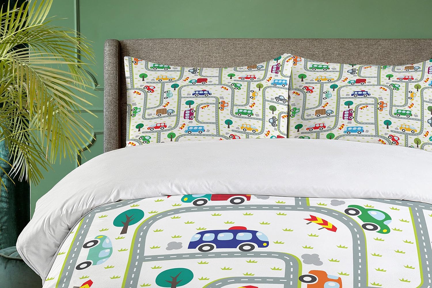 Ambesonne Cars Duvet Cover Set, Vibrant Drawing Cars Driving on The Roads Traffic Urban Themed Design, Decorative 3 Piece Bedding Set with 2 Pillow Shams, Queen Size, Green Gray