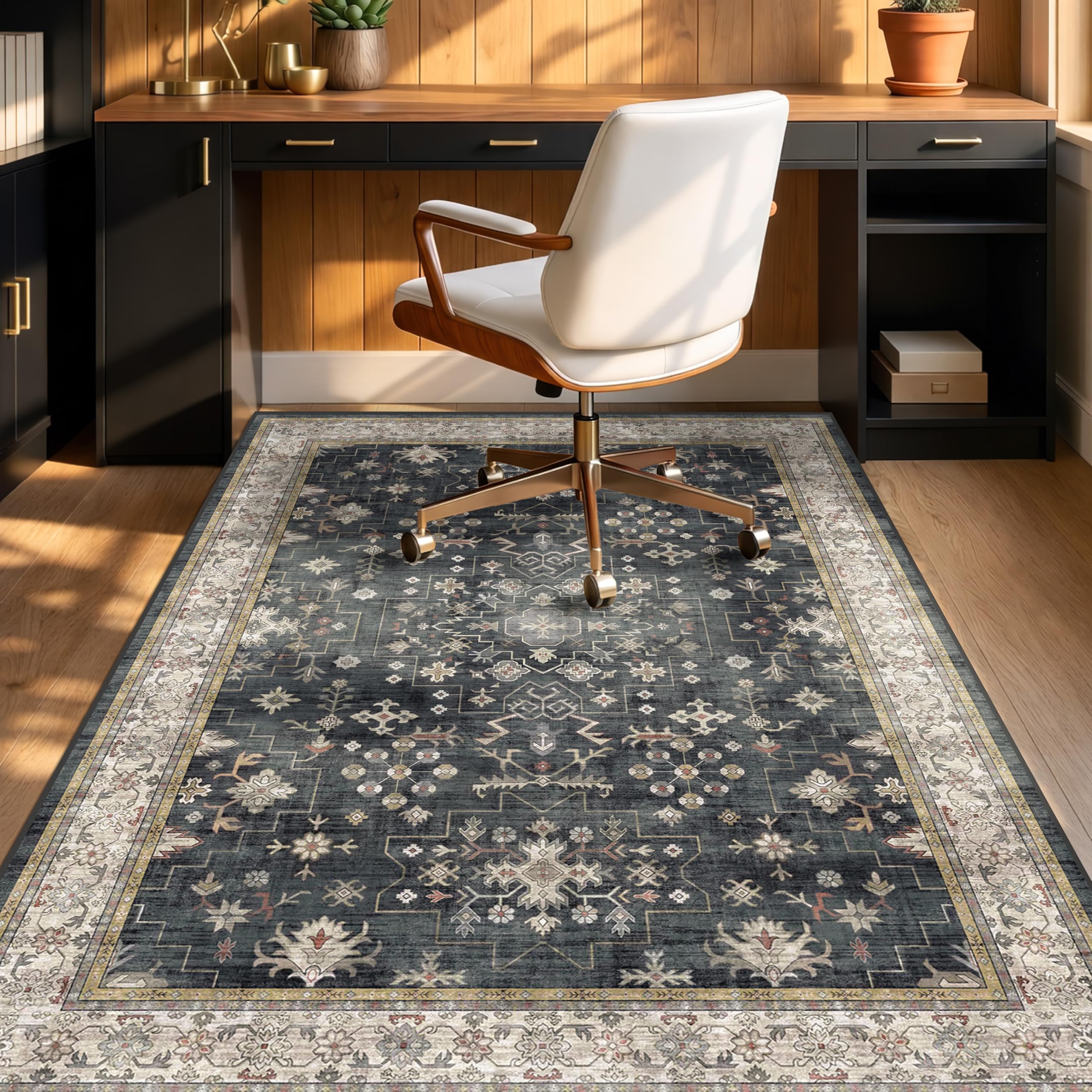 Large Black Modern 5x6 Office Chair Mat for Hard Wood & Tile Floor, Anti-Slip Floor Protector for Heavy Duty Computer Chair, Low Pile Under Desk Rug, Non Slip Rubber Backing 5' x 6' Ashen /