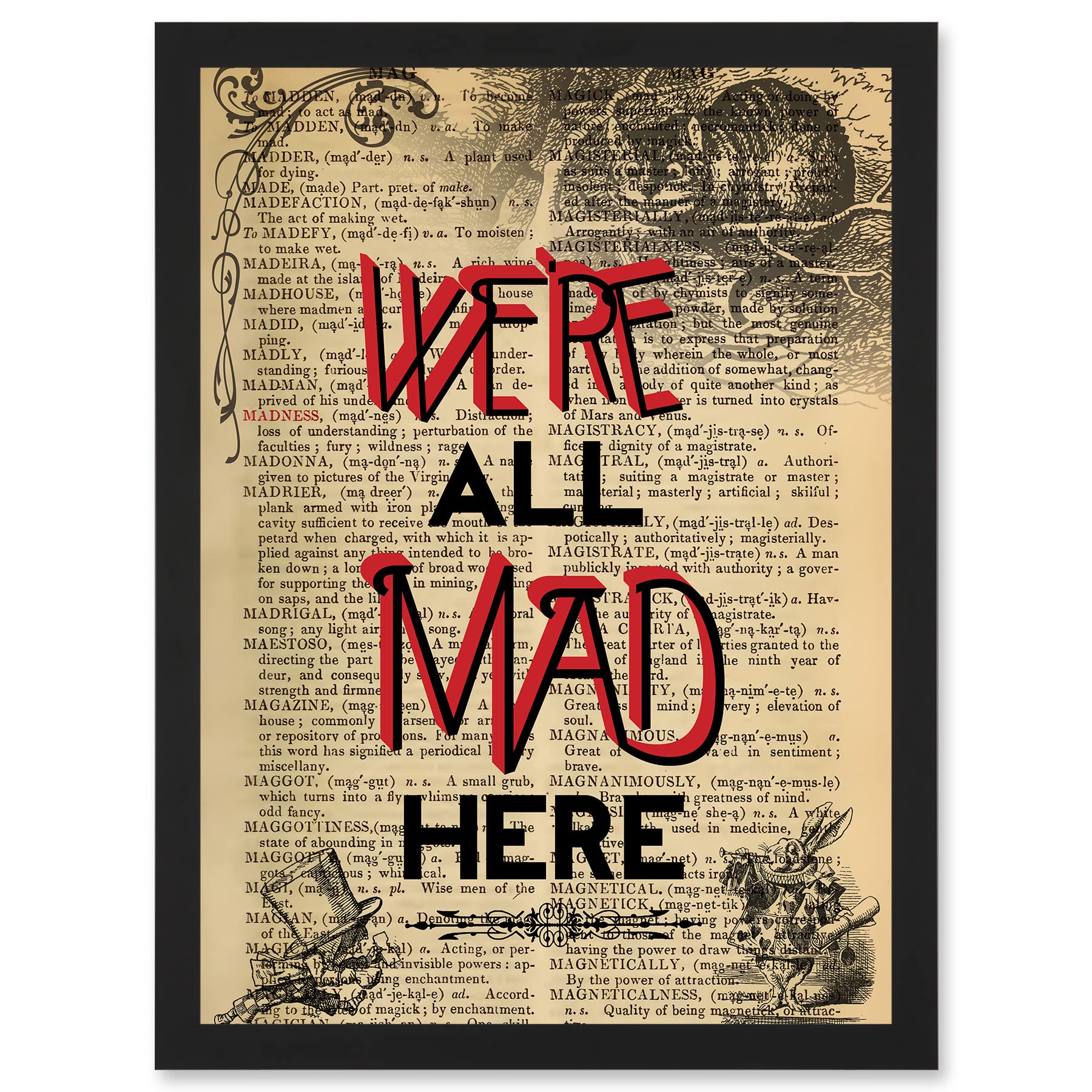 Alice Wonderland We're All Mad Here Quote Framed Wall Art Print - A4 - Black Frame