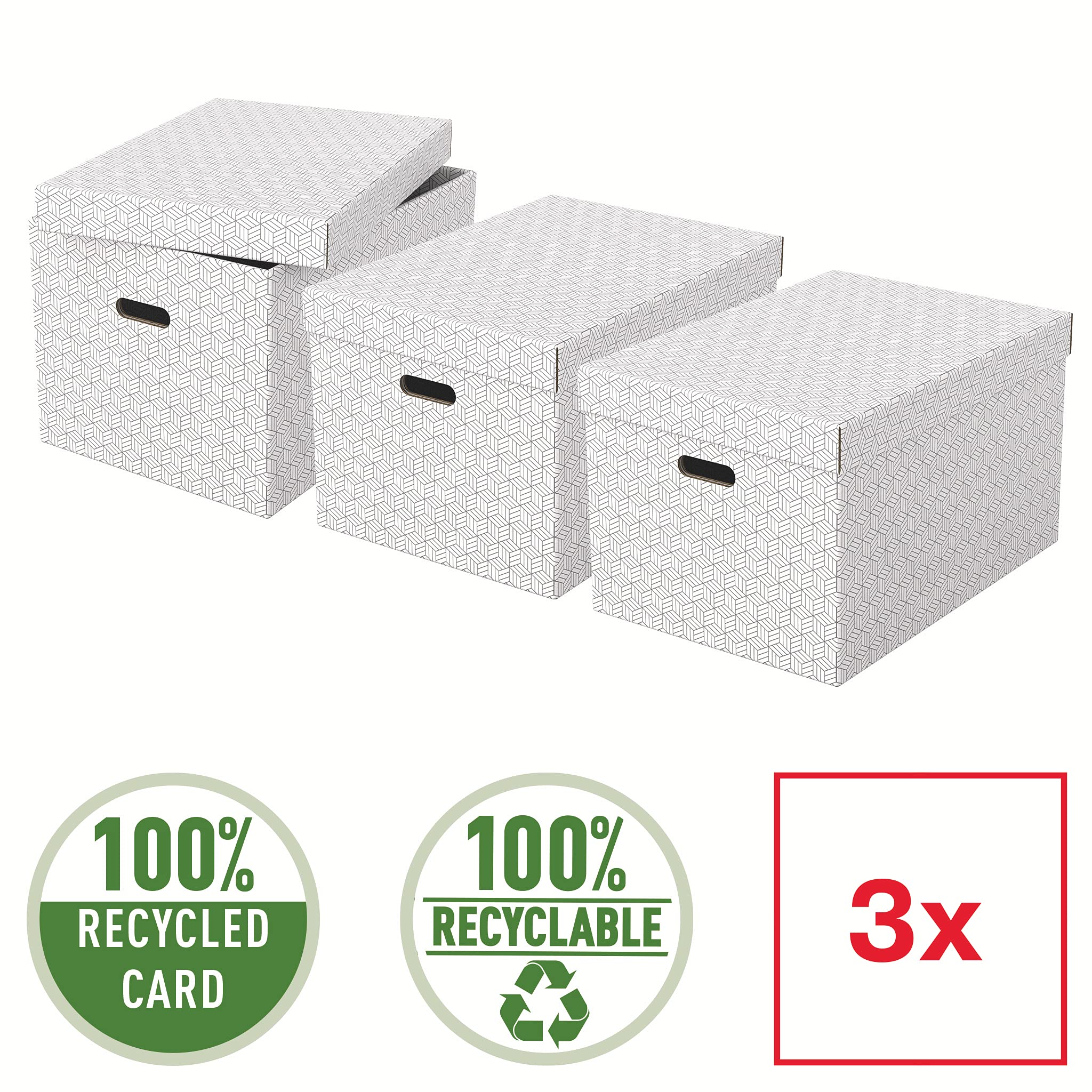 Esselte - Lot de 3 Grandes Boîtes avec Couvercle, Rangement & Organisation, 100% Carton Recyclé, 100% Recyclable, Motif Géométrique, Blanc, 628286, Large