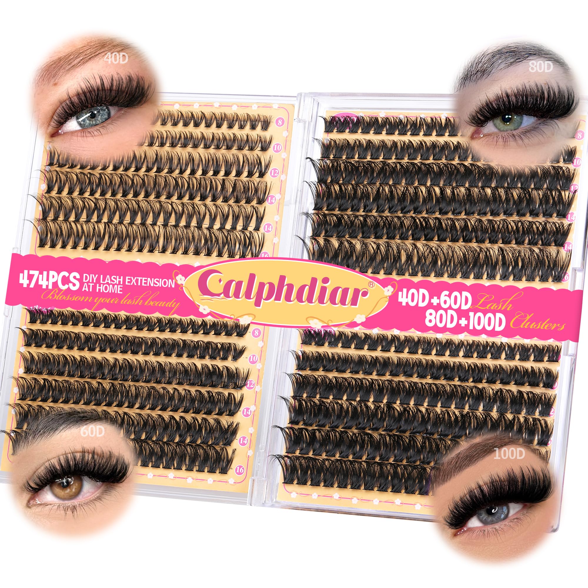 Calphdiar Individual Eyelashes Wispy Cluster Lashes D Curl Lashes Individual Cluster 8-16mm Lash Clusters 474pcs Lashes Eyelash Clusters DIY Lash Extensions for Beginners(40+60+80+100D)