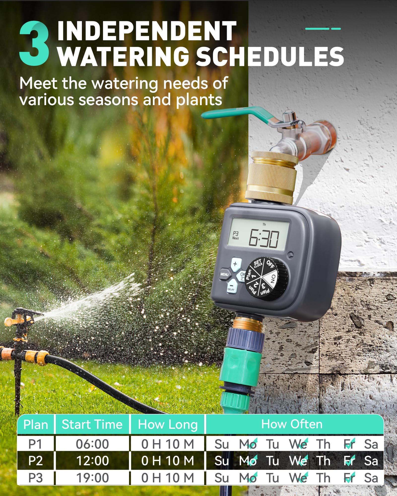 RAINPOINT Programmateur Arrosage Automatique avec Entrée et Sortie en Laiton, 3 Horaires, Retard De Pluie, Programmable par Semaine/Heures et Jours d'intervalle, Programmateur d'arrosage pour Jardin