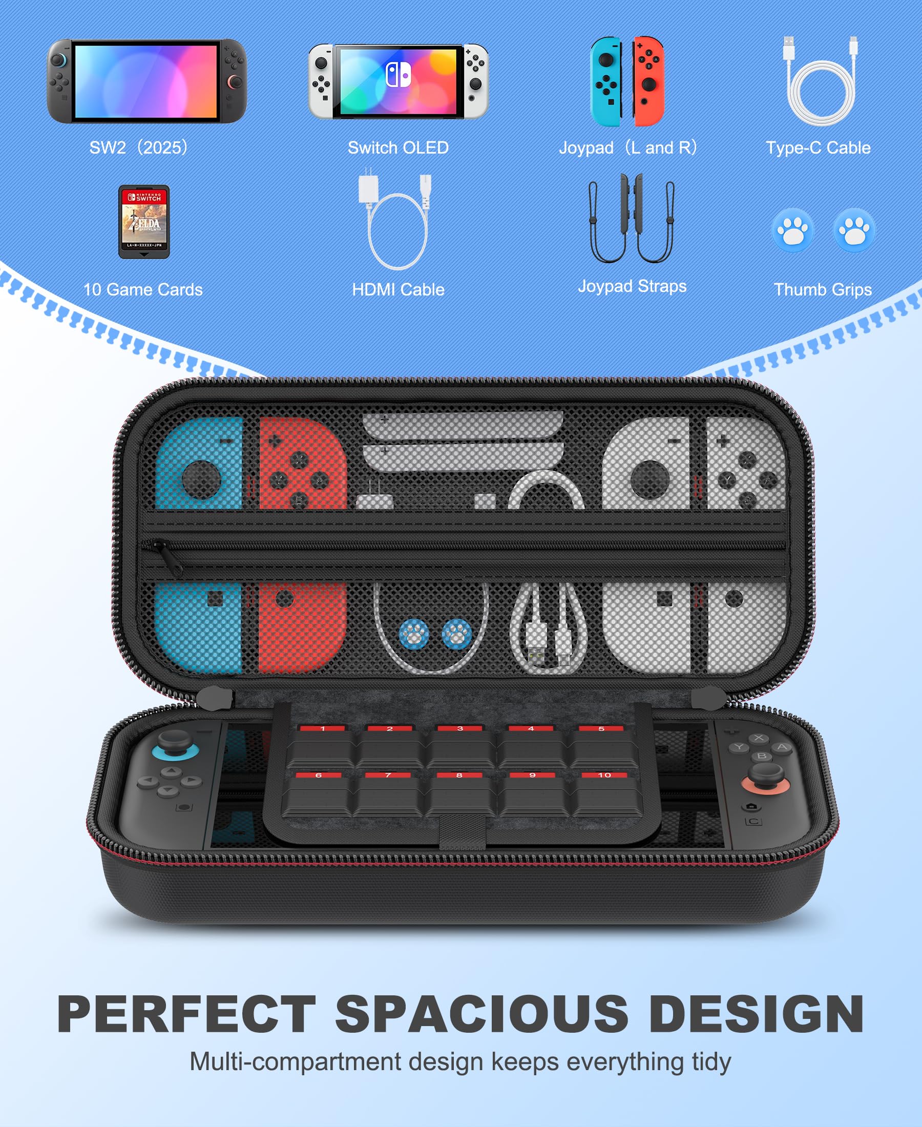 Borsa per il trasporto compatibile con Nintendo Switch OLED/Switch Console, custodia rigida per switch portatile, borsa da viaggio con tasche per accessori e con 10 giochi di archiviazione, nero
